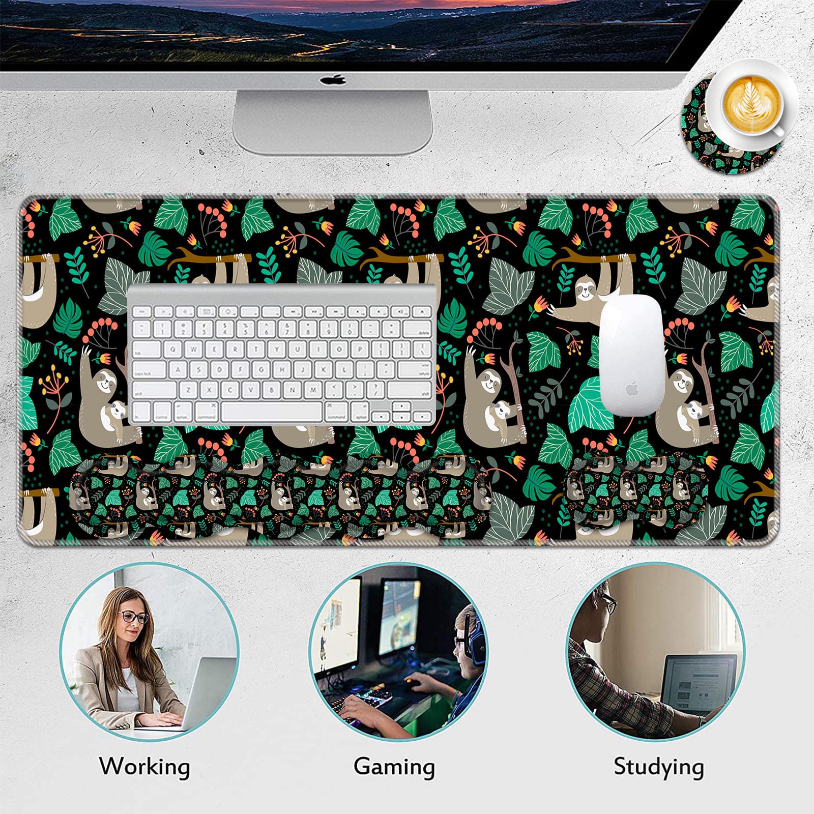Premium Mouse Pad Set - 31.5×11.8 Inch Large Desk Mat with Keyboard Wrist Rest, Mouse Wrist Support & Coaster - Ergonomic Office & Home Computer Accessories for Laptop Users - Cute Sloth Design for Gaming & Work Comfort