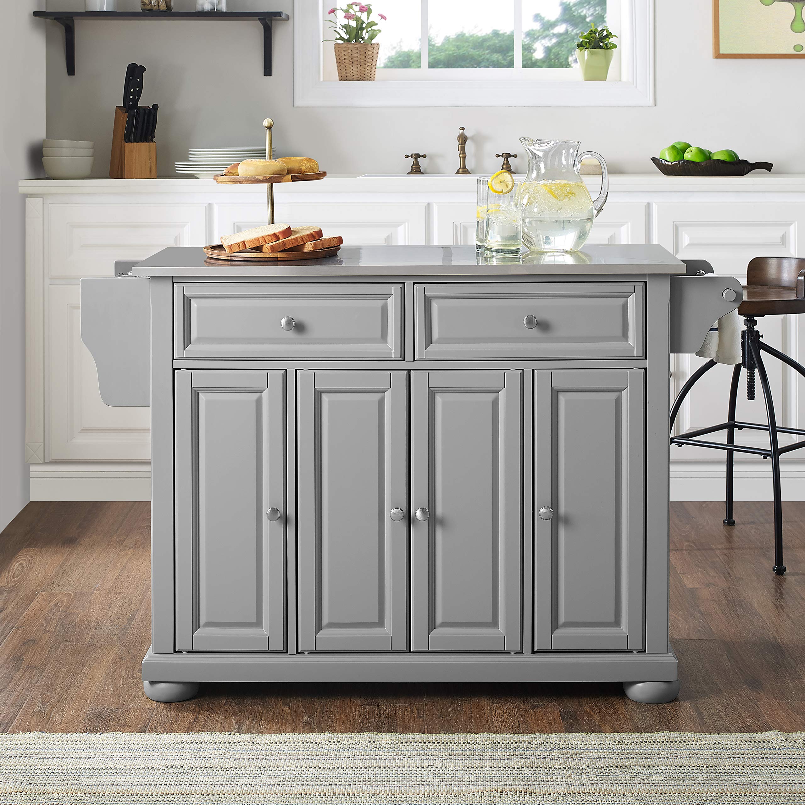 Crosley Alexandria Stainless Steel Rolling Kitchen Island Cart with Storage - Microwave Stand, Gray | Mobile Prep Station for Small Kitchens & Dining Areas
