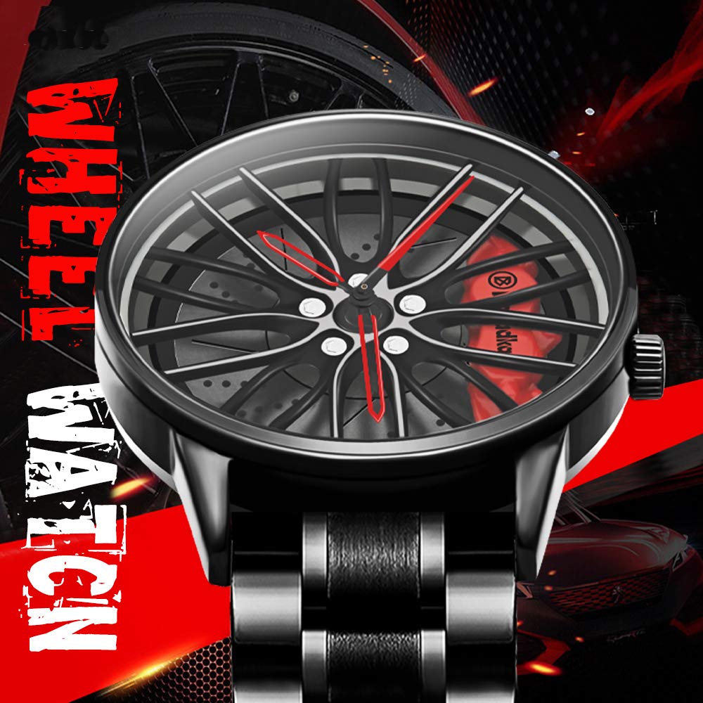 Stainless Steel Car Wheel Watch with Japanese Quartz Movement - Waterproof Sports Wristwatch for Men, Racing Enthusiasts | Perfect for Driving, Motorsports & Everyday Wear