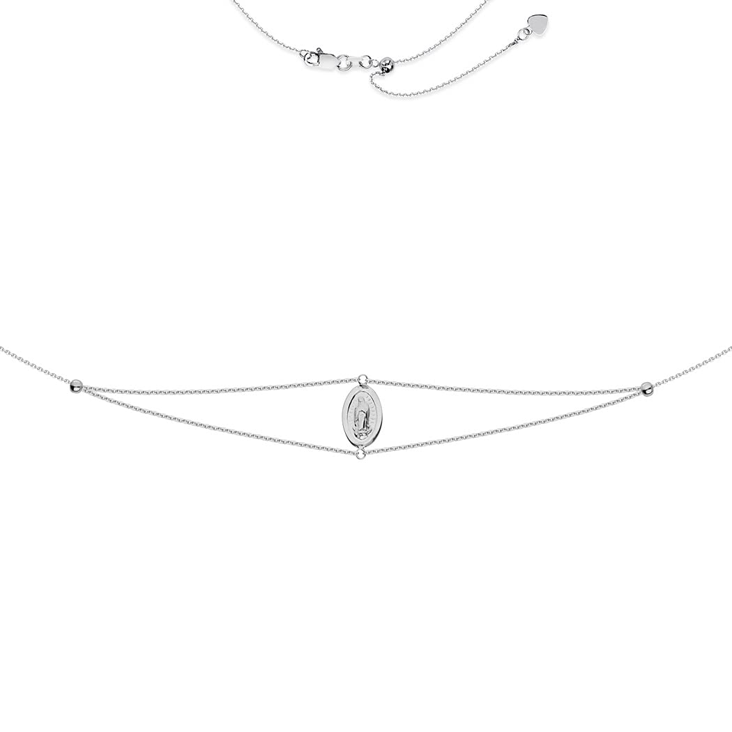 925 Sterling Silver Rhodium Plated Adjustable Virgin Mary Choker Necklace - 17 Inch Religious Jewelry for Women - Perfect for Baptism, First Communion & Everyday Faith-Based Fashion
