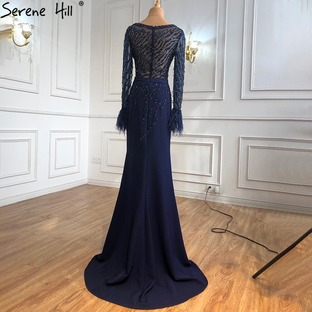 Luxury Navy Blue Muslim Evening Gowns for Women 2025 - Elegant Mermaid Beaded Feather Dress for Parties, Weddings & Special Occasions - Serene Hill Collection LA70978