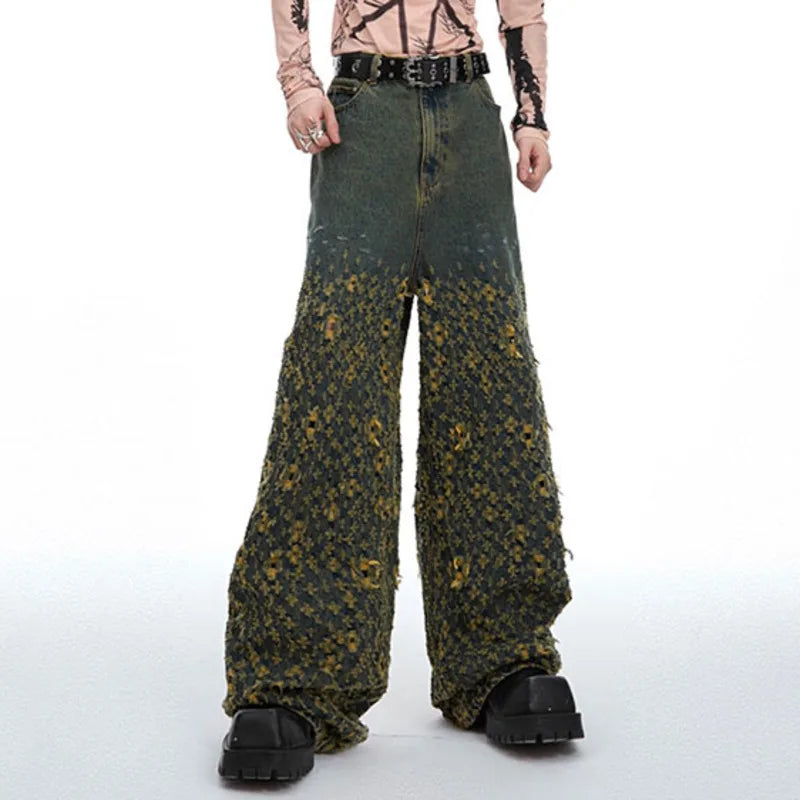 Vintage High Waist Straight Leg Jeans for Men - American Retro Wide Leg Casual Pants with Irregular Hole Design (Style 24E1290) | Perfect for Streetwear, Everyday Fashion & Urban Outfits