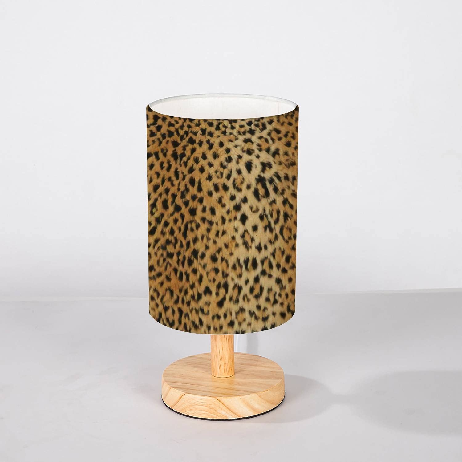 Minimalist Solid Wood Nightstand Lamp with Flaxen Fabric Shade - Leopard Print Accent Lighting for Bedroom, Living Room & Office - Warm Ambient Light for Reading, Relaxing & Decor