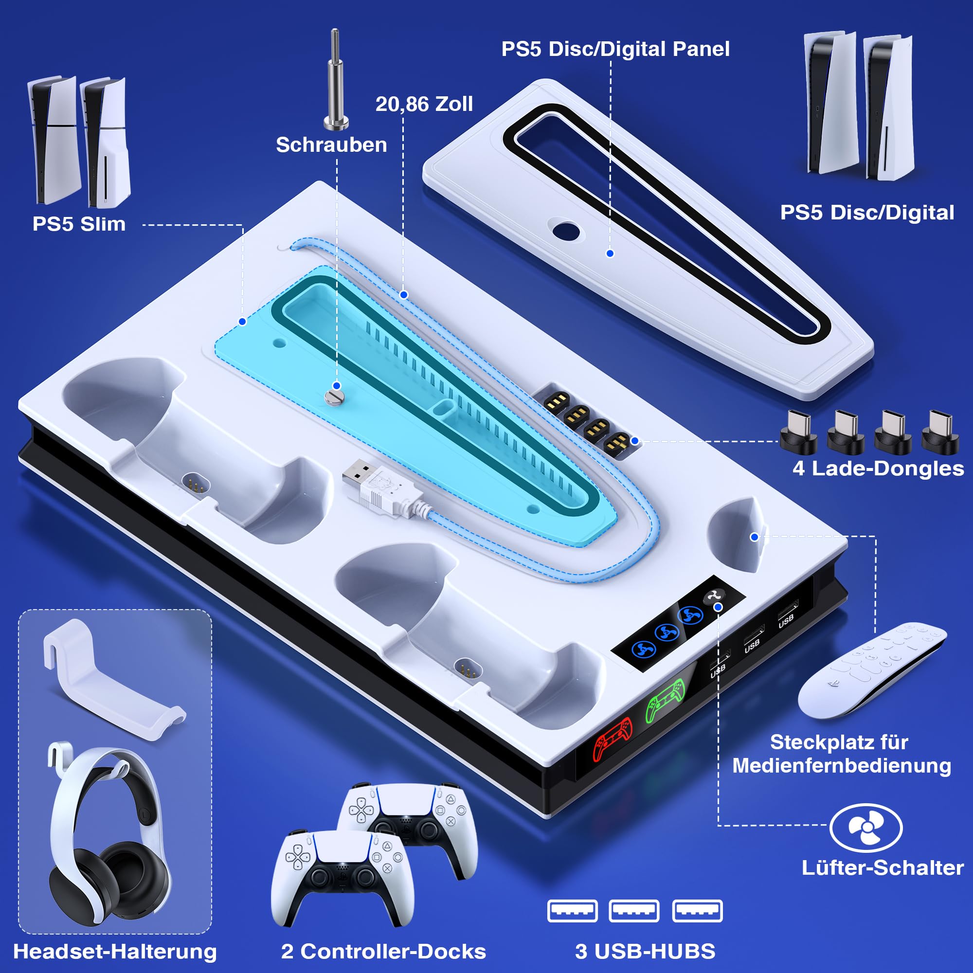 ALEEMTRY PS5 Stand for PS5 Slim - 3-Speed Cooling Fan, Dual Controller Charger, Headset Hook & 4 USB-C Ports - Gaming Accessory for PS5 Slim Disc & Digital Edition - Perfect for Gaming Setups & Entertainment Centers