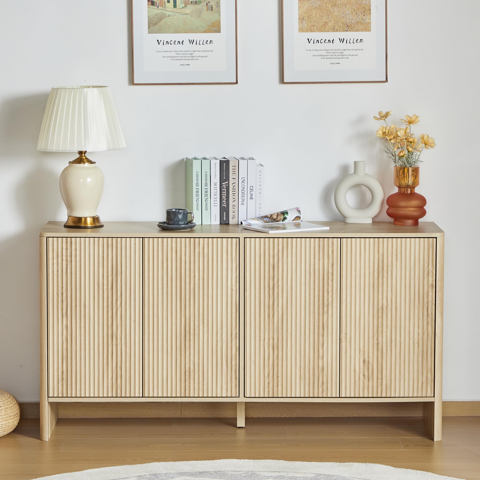 Modern Sideboard Buffet Cabinet with 4 Fluted Doors & Adjustable Shelves - Solid Wood Storage Credenza for Dining Room, Kitchen, Living Room & Entryway - Perfect for Entertaining, Displaying Decor & Organizing Dishes (Natural Finish)