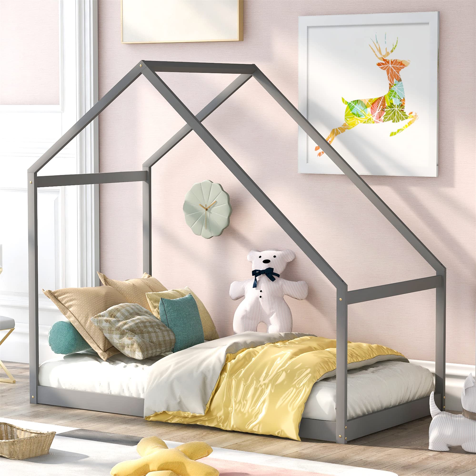 Harper & Bright Designs Twin Size Wooden House Bed Frame for Kids & Toddlers - Montessori Floor Bed for Girls & Boys, Grey (Box Spring Needed) - Perfect for Bedrooms, Playrooms & Montessori Learning Spaces