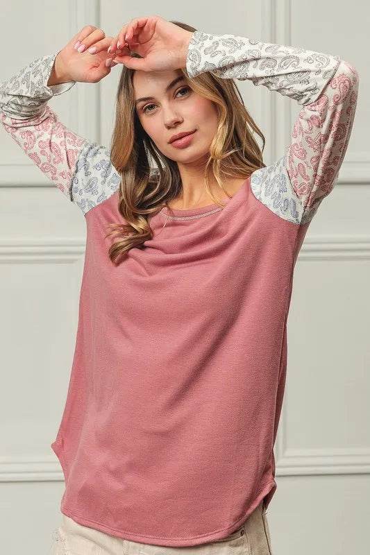 BiBi French Terry Paisley Triblend Color Block Sweatshirt - Soft & Stylish Women's Pullover for Casual Wear & Lounge Outfits