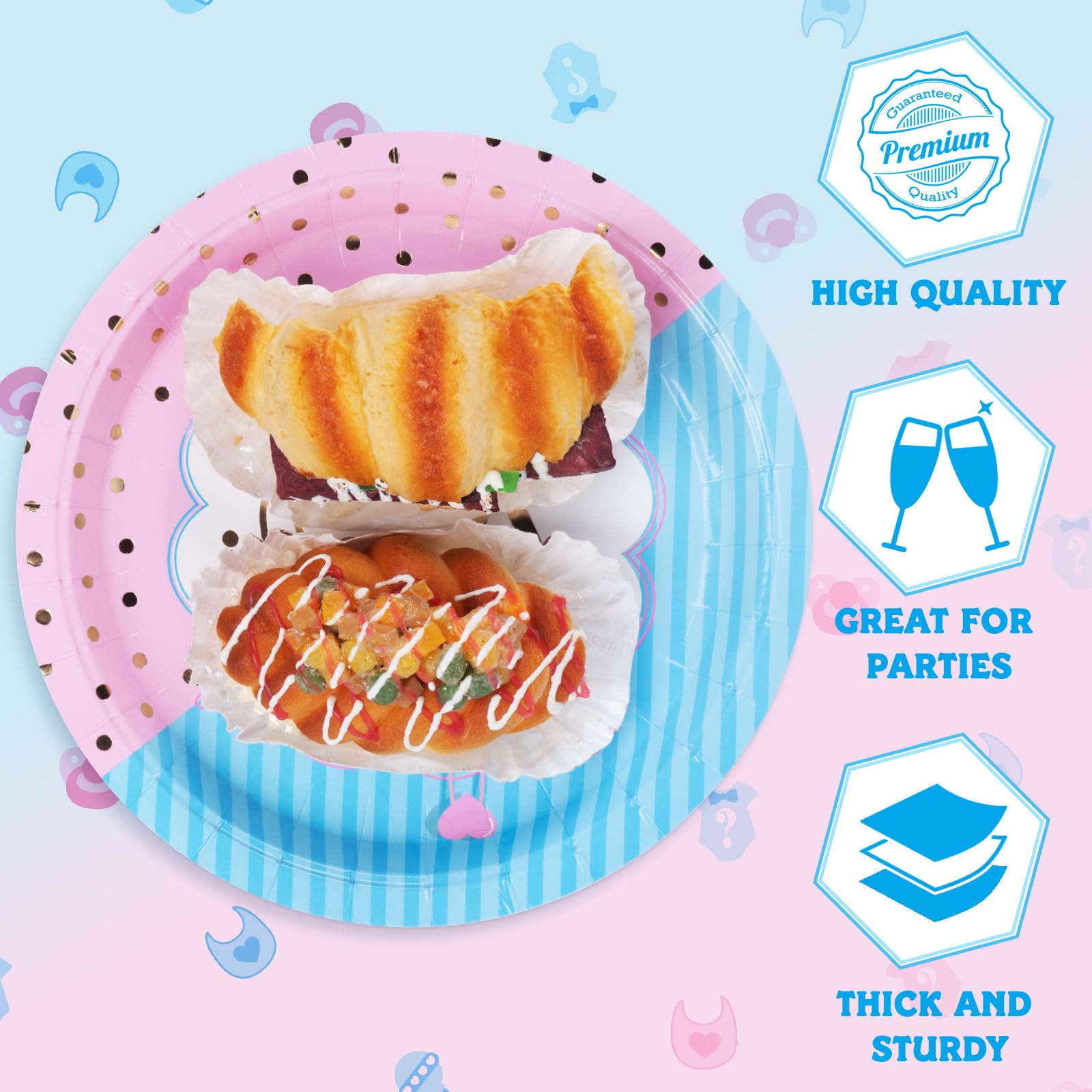 DECORLIFE Gender Reveal Party Plates Set for 24 Guests - Includes 96PCS of Plates, Napkins & Forks - Perfect for Baby Shower, Gender Reveal Celebrations & Special Occasions - Blue & Pink Theme Party Supplies