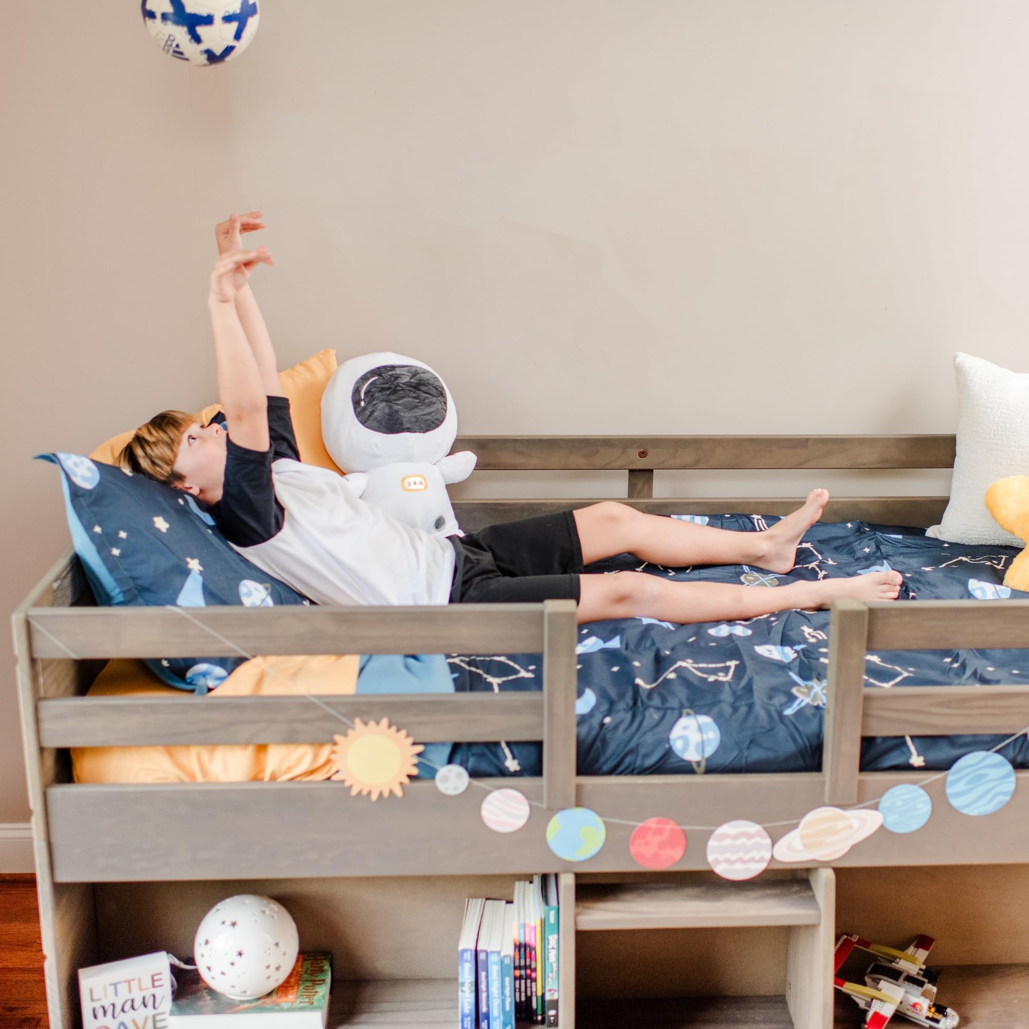 Modern Farmhouse Low Loft Twin Bed Frame for Kids with 2 Built-in Bookcases - Solid Wood Driftwood Finish - Space-Saving Study & Play Solution for Small Bedrooms