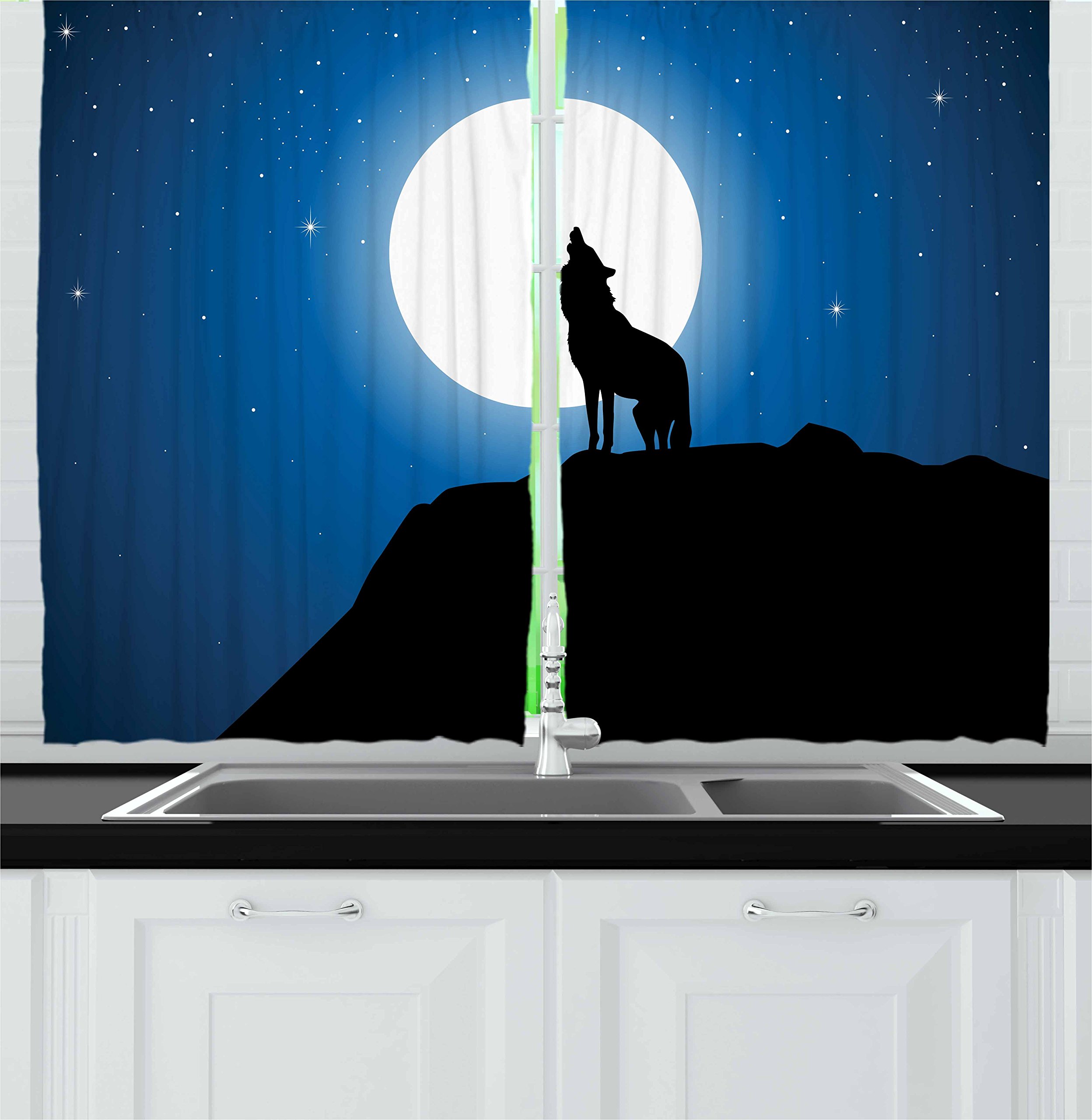 Lunarable Howling Wolf Kitchen Curtains Set - 2 Panels with Moon & Stars Design, 55