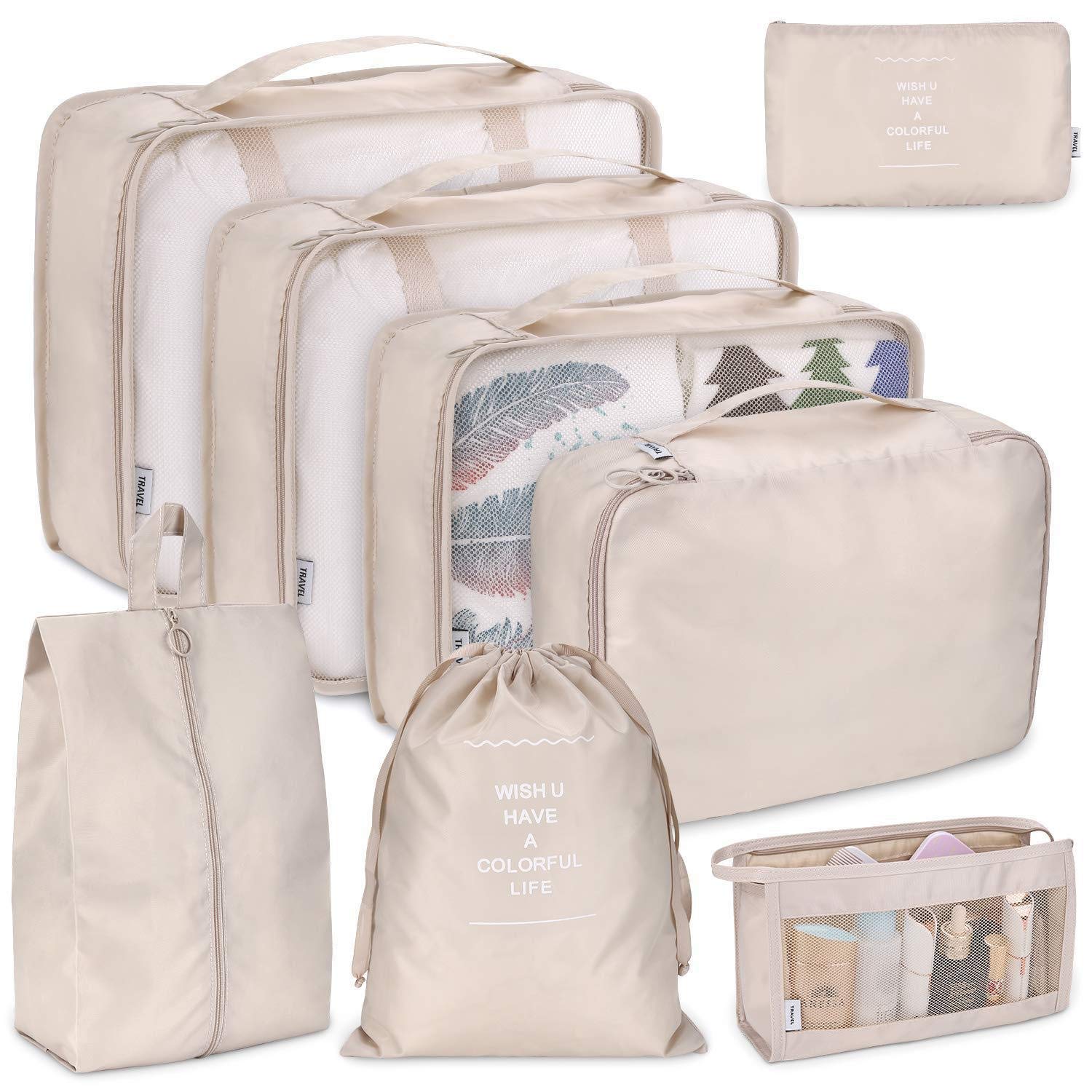 8-Piece Travel Packing Cubes Set - Foldable & Lightweight Luggage Storage Organizers (Beige) | Perfect for Suitcase Organization, Business Trips & Vacation Packing