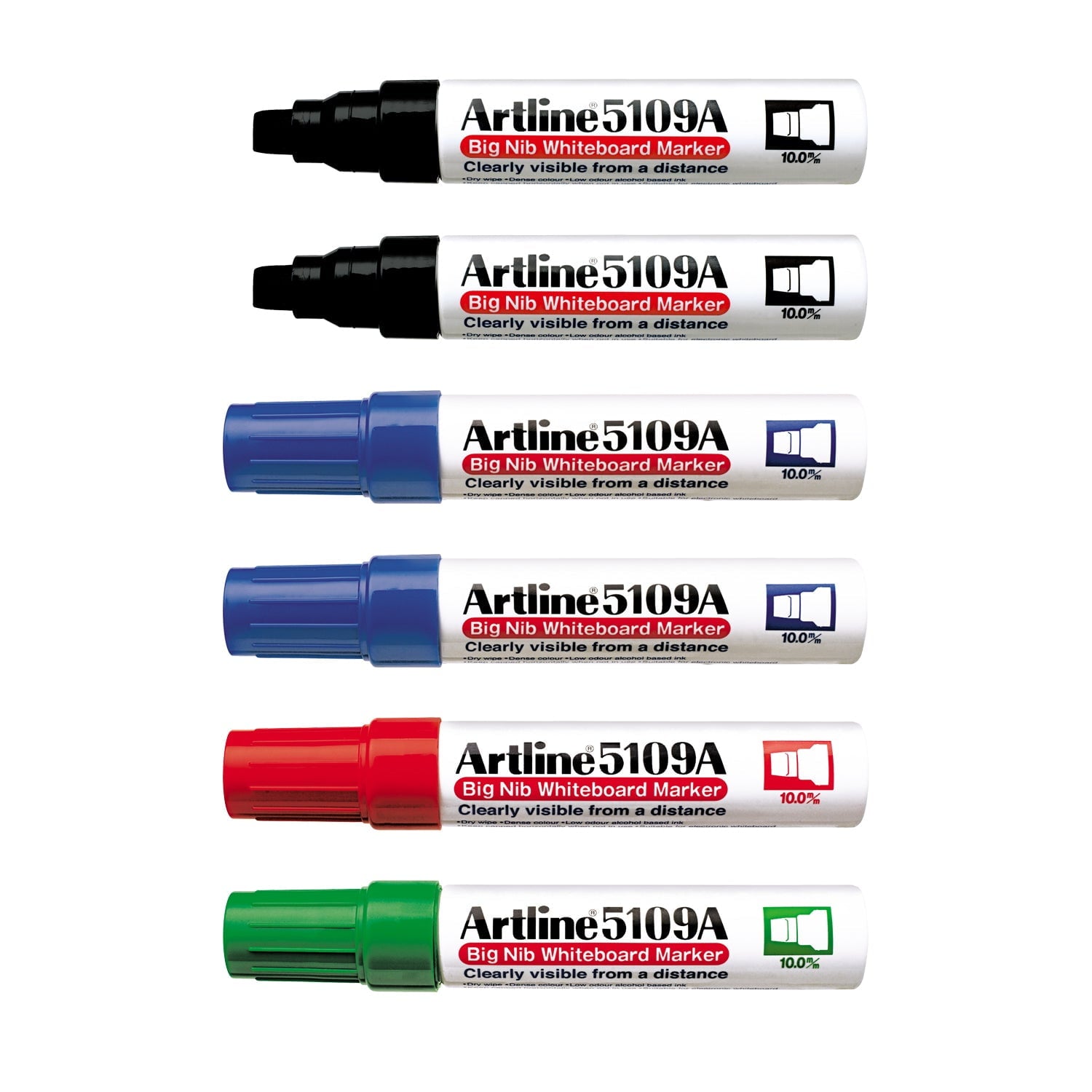 Artline 5109A Whiteboard Markers - 10mm Chisel Tip, Assorted Colors (6-Pack) - Perfect for Office, Classroom & Home Use