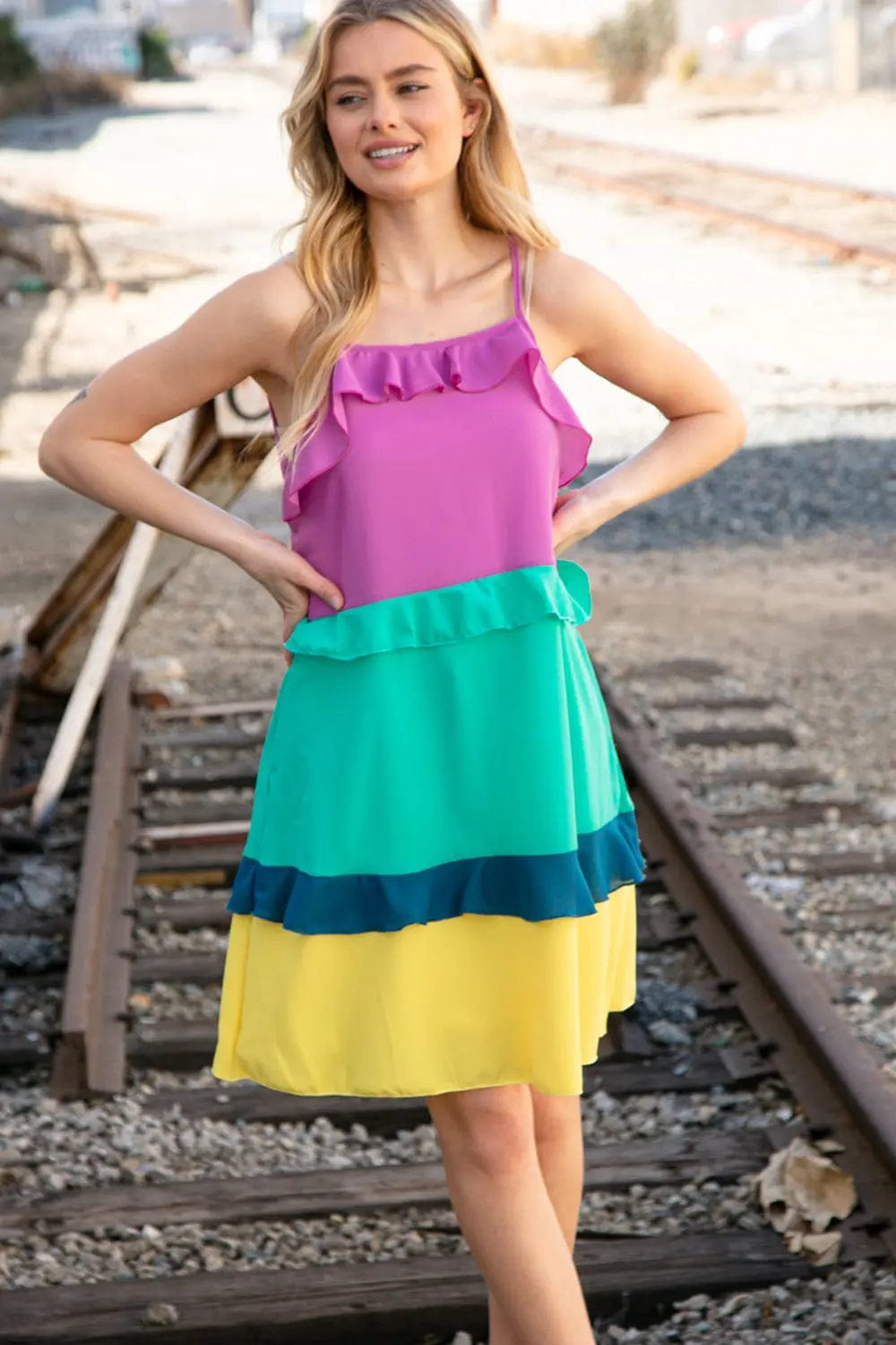 Fuchsia Shoulder Strap Color Block Tiered Ruffle Dress for Women - Elegant Summer Party Cocktail Dress for Weddings, Date Nights & Special Occasions