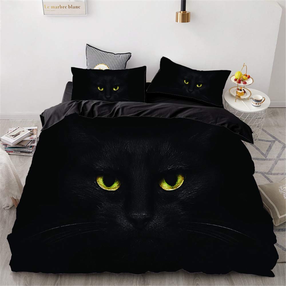 Chickwin 3D Printed Cat Dog Duvet Cover Set - Microfiber Bedding with Pillowcases & Quilt Case for Twin, Full, Queen & King Size Beds (Queen 228x228cm, Black Cat) | Soft & Cozy Bedroom Decor for Kids Rooms, Guest Rooms & Pet Lovers