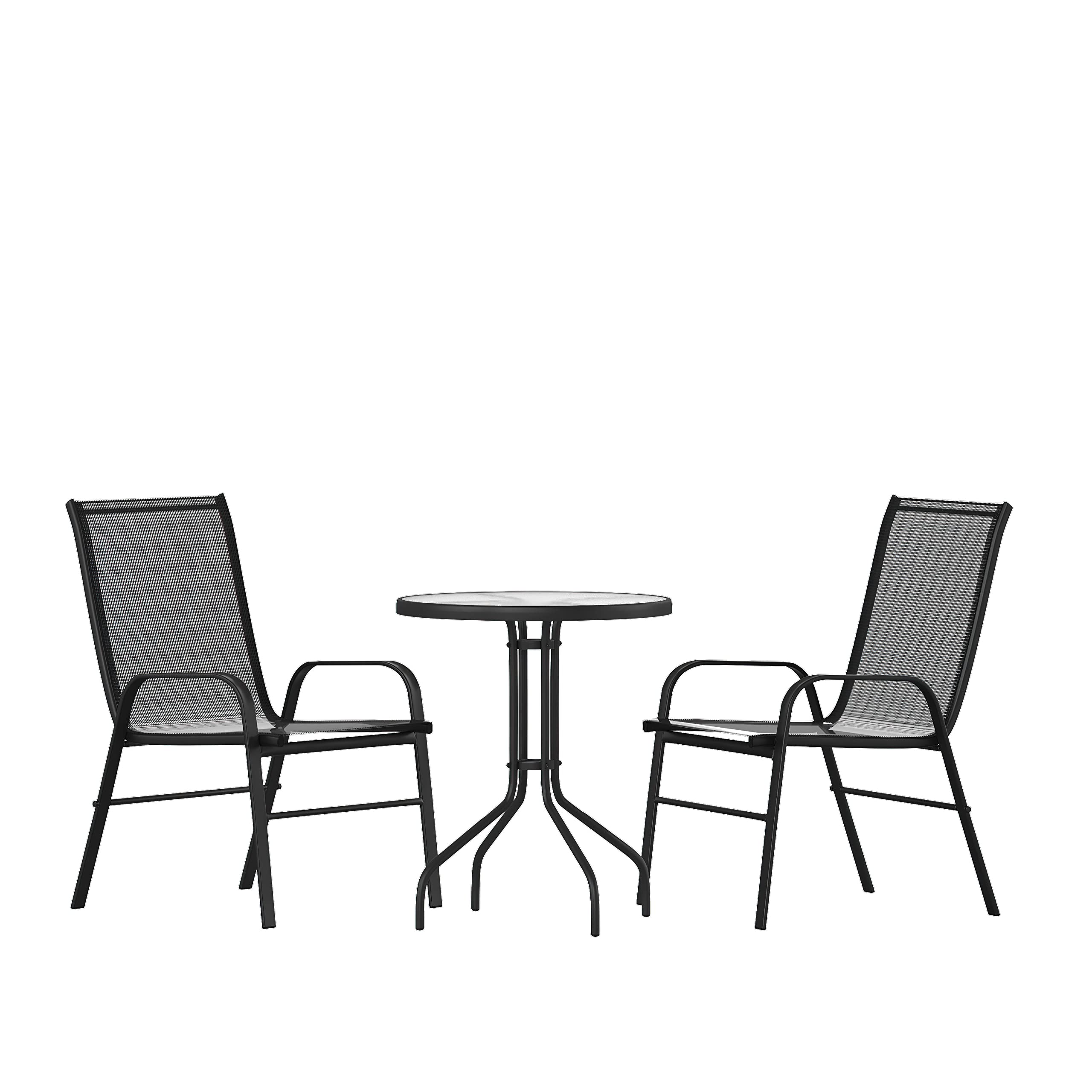3-Piece Outdoor Patio Dining Set with 2 Black Flex Comfort Stackable Chairs & 23.75