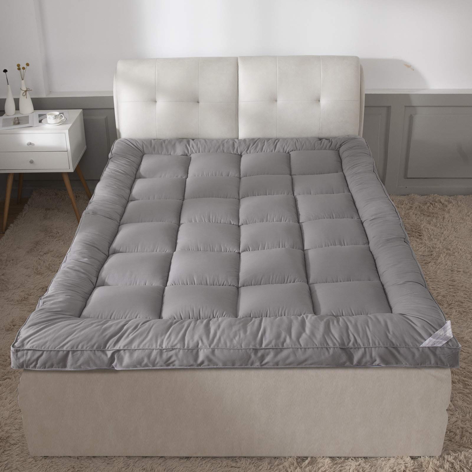 Soft Pillow Top Mattress Topper King Size - Extra Thick Plush Bed Topper for Firm Mattress with 100% Cotton Cover, Relieves Back Pain, Fits 6”-22” Mattress (Grey) - Perfect for Side Sleepers & Pressure Relief in Master Bedroom