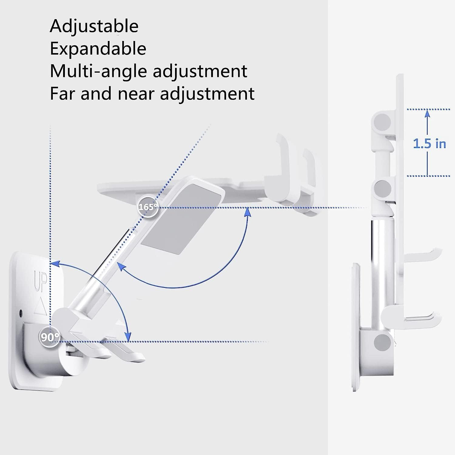 (1 Pack) White Wall Mount Phone Holder - Extendable Adjustable Cellphone Stand for Desk, Mirror, Bathroom, Bedroom, Kitchen & Office - Compatible with iPhone & All Smartphones/Tablets - Perfect for Hands-Free Viewing While Cooking, Working & Relaxing