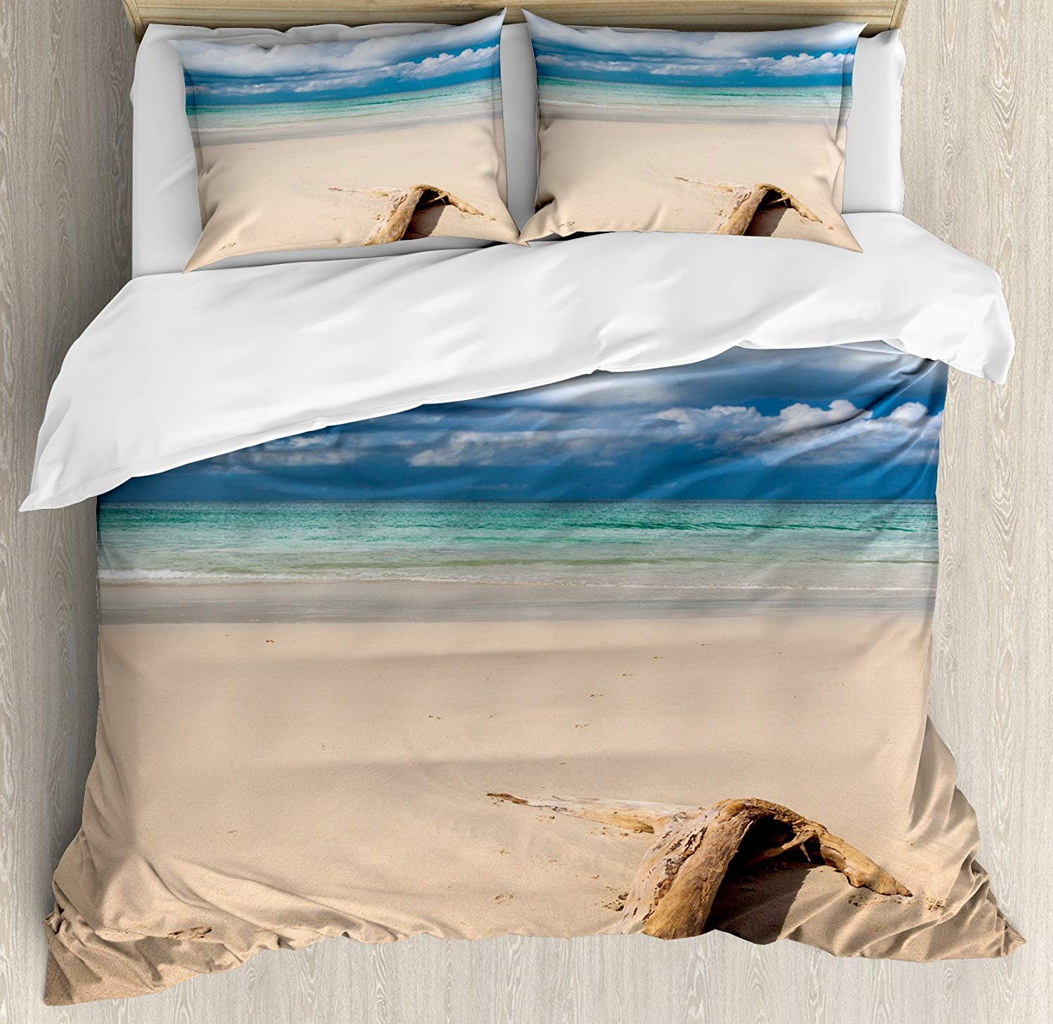 Premium Custom Bedding Set USA - 4 Piece Full Size Driftwood Duvet Cover Set (Duvet Cover + Flat Sheet + 2 Pillowcases) - Coastal Beach & Cloudy Sky Digital Print Design - Perfect for Master Bedroom, Guest Room & Vacation Homes