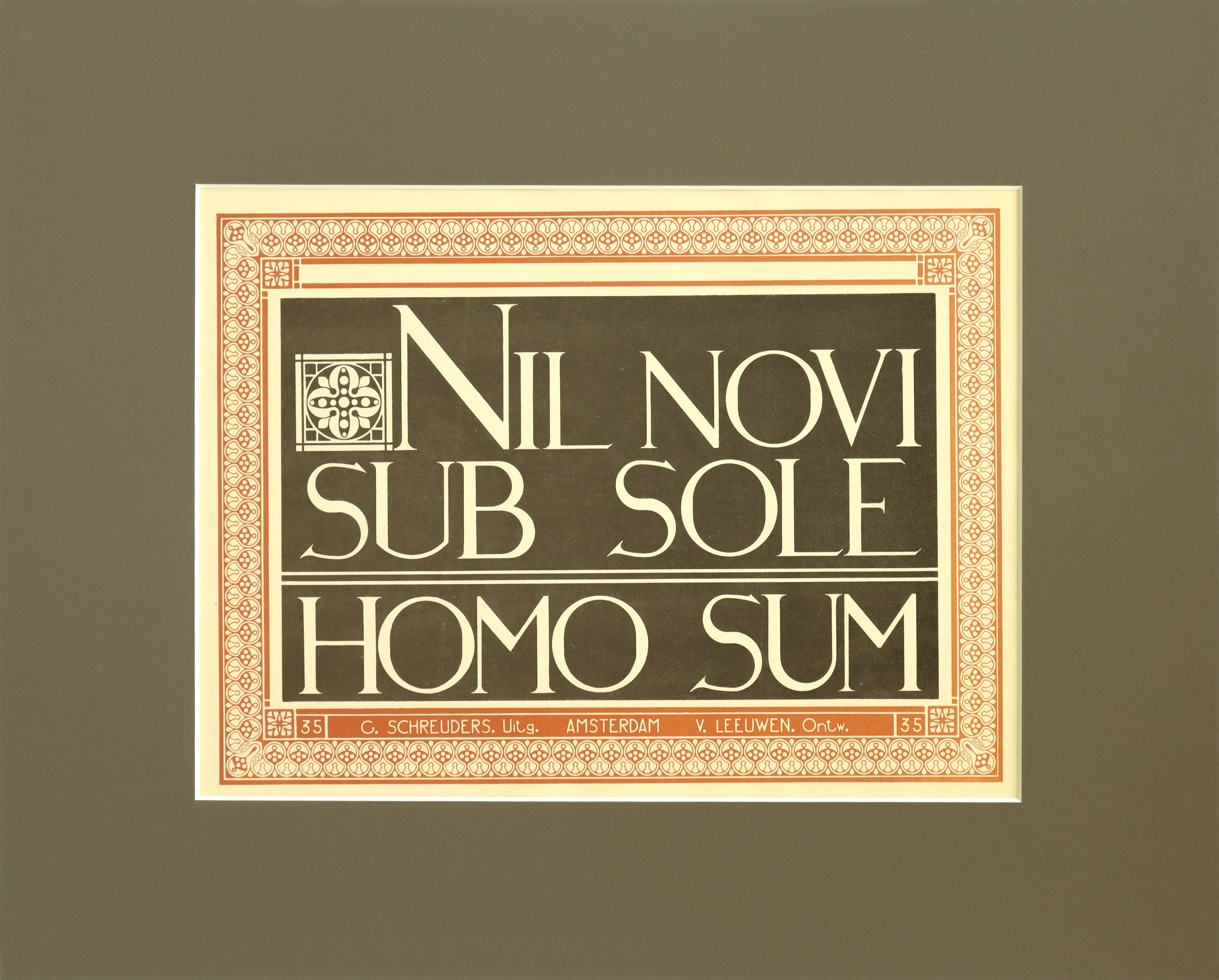 1907 Dutch Letterpress Sheet with Matted Frame - Vintage NIL NOVI SUB SOLE HOMO SUM Art Print - Perfect for Home Decor, Office Wall Art & Antique Collectors
