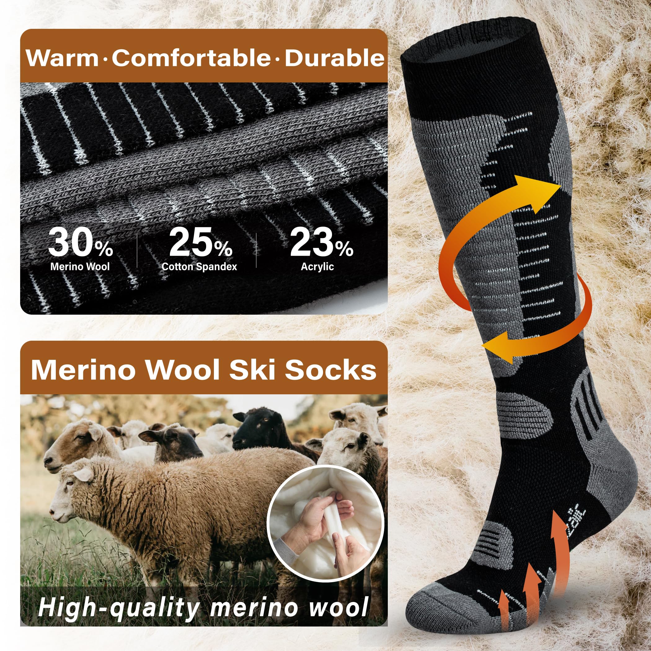 Merino Wool Ski Socks for Men & Women - 2 Pairs Warm Thermal Performance for Skiing & Snowboarding
