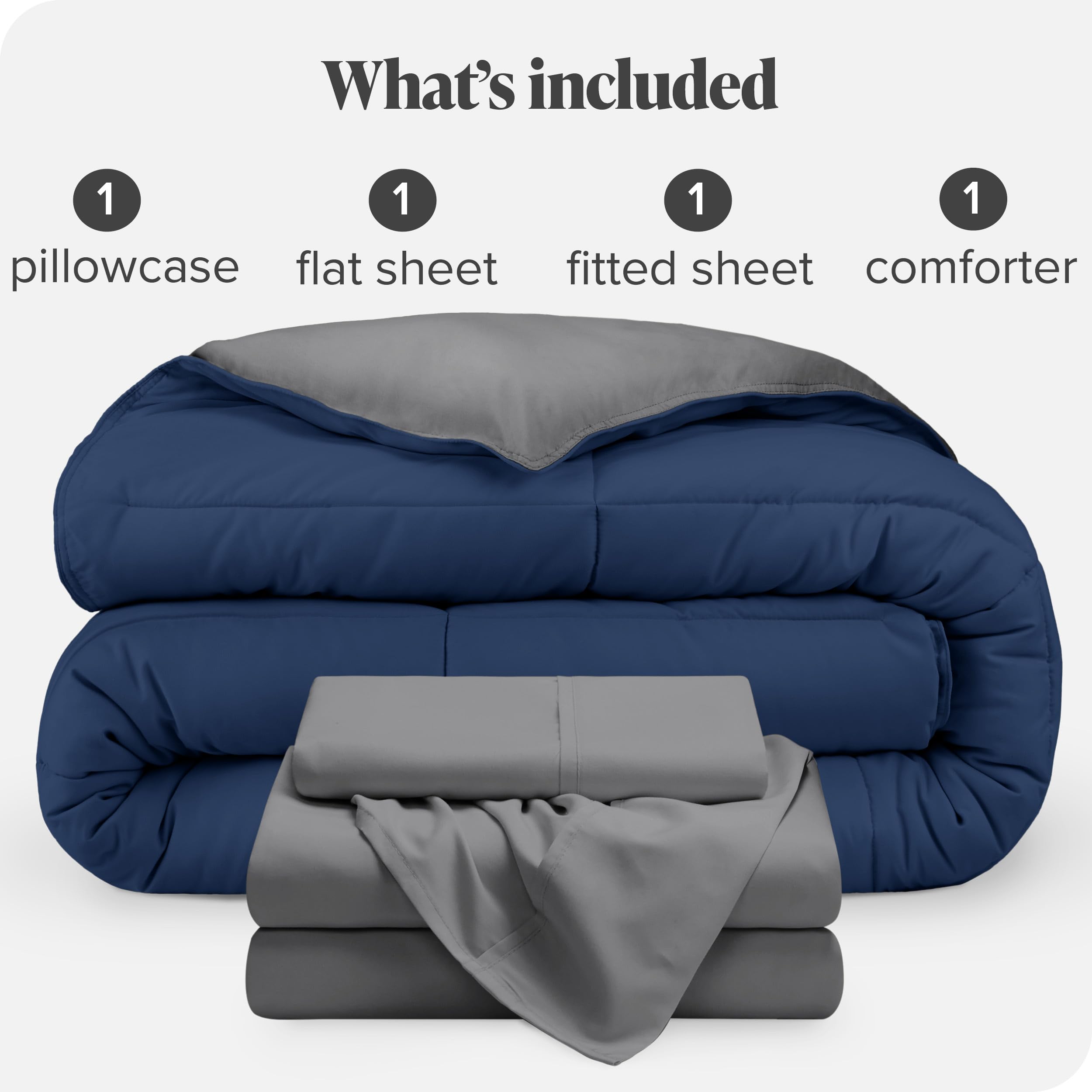 Bare Home Reversible Down Alternative Comforter & Sheet Set - Twin Size Bedding - Soft Dark Blue/Grey & Grey - Perfect for Guest Rooms, Dorms & Cozy Bedrooms