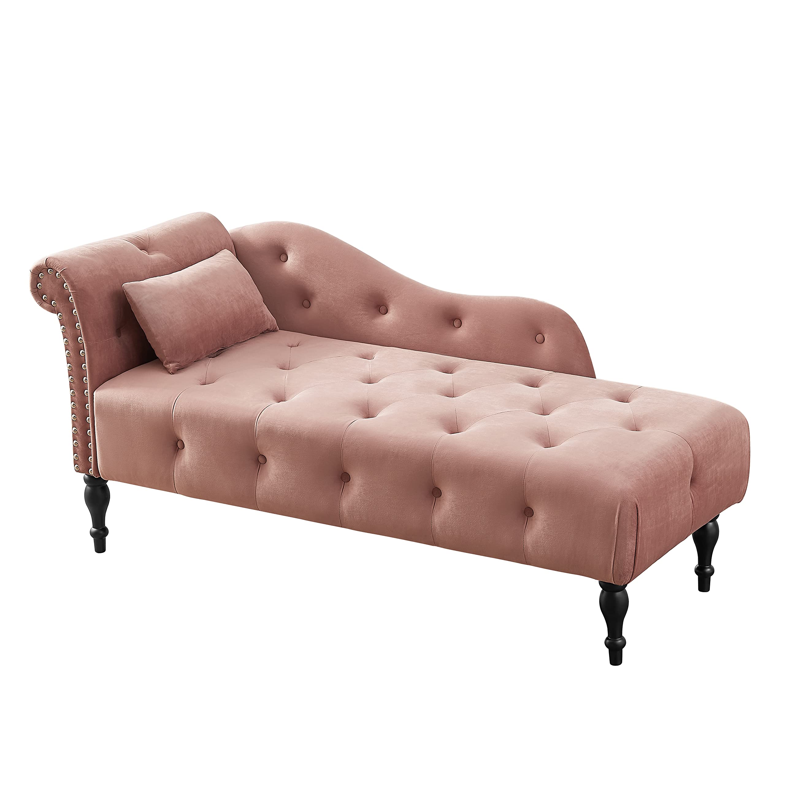Tufted Upholstered Velvet Chaise Lounge with Rolled Arms & Nailhead Trim - Right Arm Facing Sofa for Living Room, Bedroom & Office (Ash Rose) | Perfect for Relaxing, Reading & Home Decor