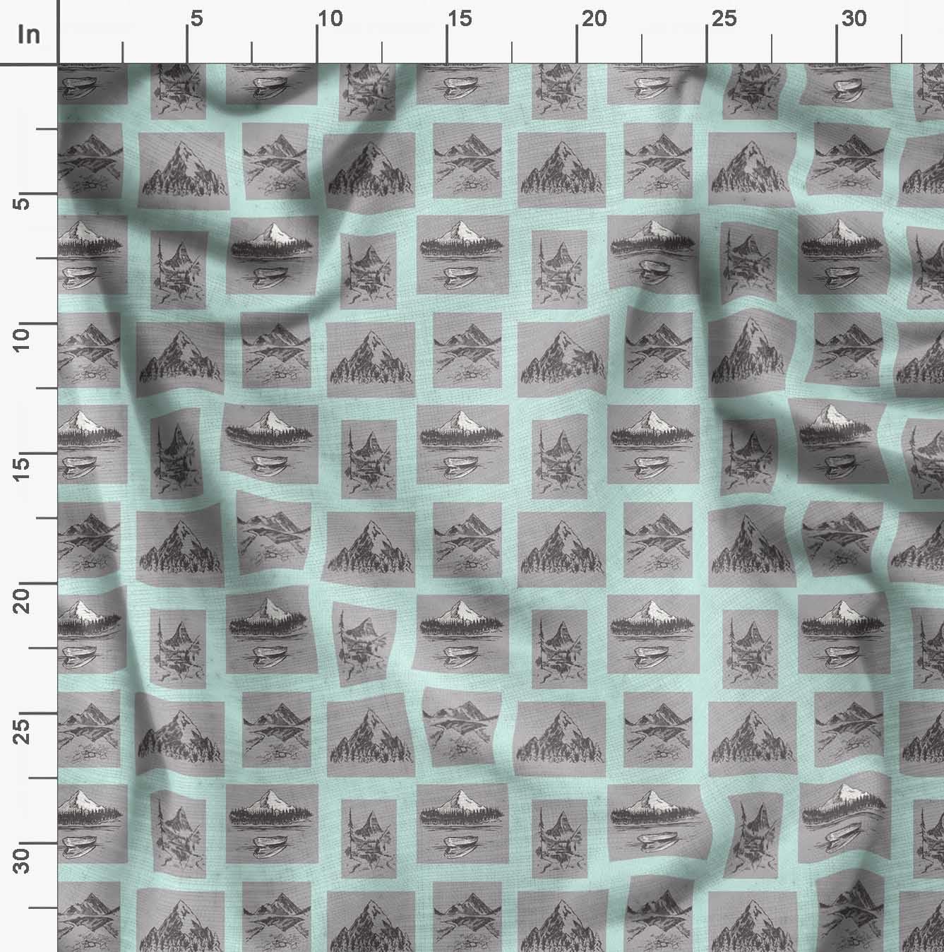 Soimoi Moss Georgette Green Fabric by The Yard - 42 Inch Wide Nautical Print Fabric with Boat & Mountain Nature Pattern - Lightweight Draping Material for Dresses, Scarves, Curtains and DIY Fashion Projects