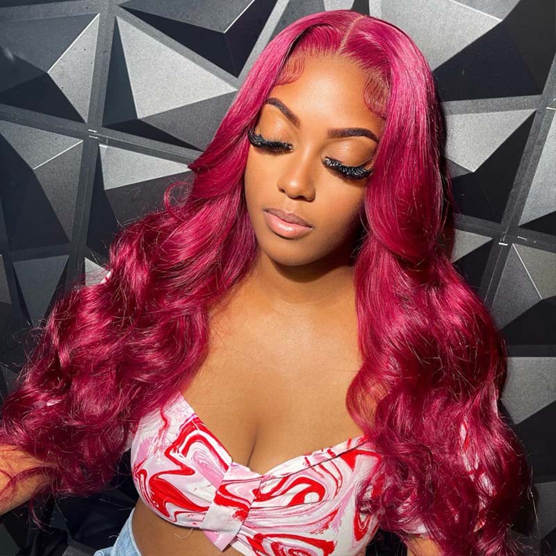 Eullair Burgundy Red Body Wave Human Hair Wig with Layered Cut & Curtain Bangs | Glueless Lace Frontal Wig for Women | Perfect for Cosplay, Daily Wear & Special Occasions