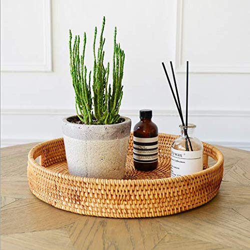 Hand Woven Rattan Round Serving Tray - 13.8 Inch Decorative Coffee Table Tray with Handles, Ottoman Wicker Basket for Fruit, Bread & Snacks - Perfect for Living Room, Kitchen & Outdoor Entertaining