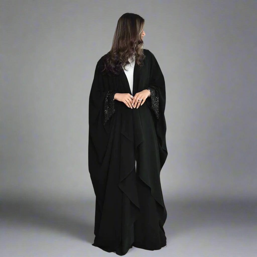 Sequins Cuff Cardigan Open Abaya Dress for Women - Elegant Long Sleeve Muslim Abaya with Beaded Details #24167 | Perfect for Eid, Wedding, Party & Special Occasions