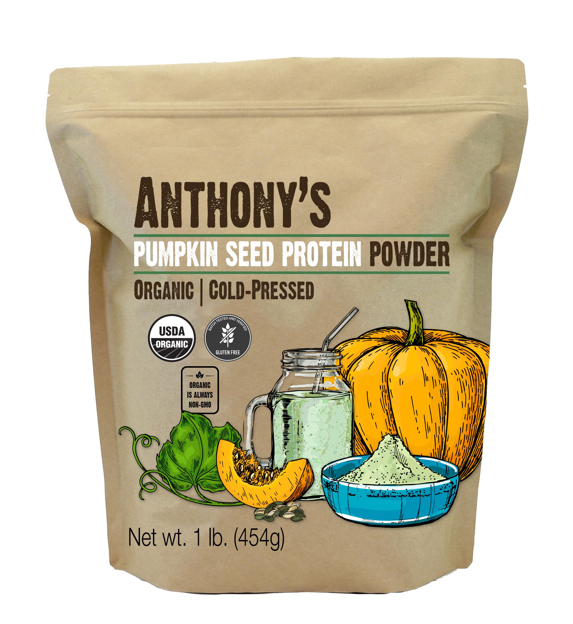Anthony's Organic Pumpkin Seed Protein Powder - 1lb, Gluten Free, Non-GMO, Unflavored, Plant-Based Vegan Protein for Smoothies, Baking & Post-Workout Recovery