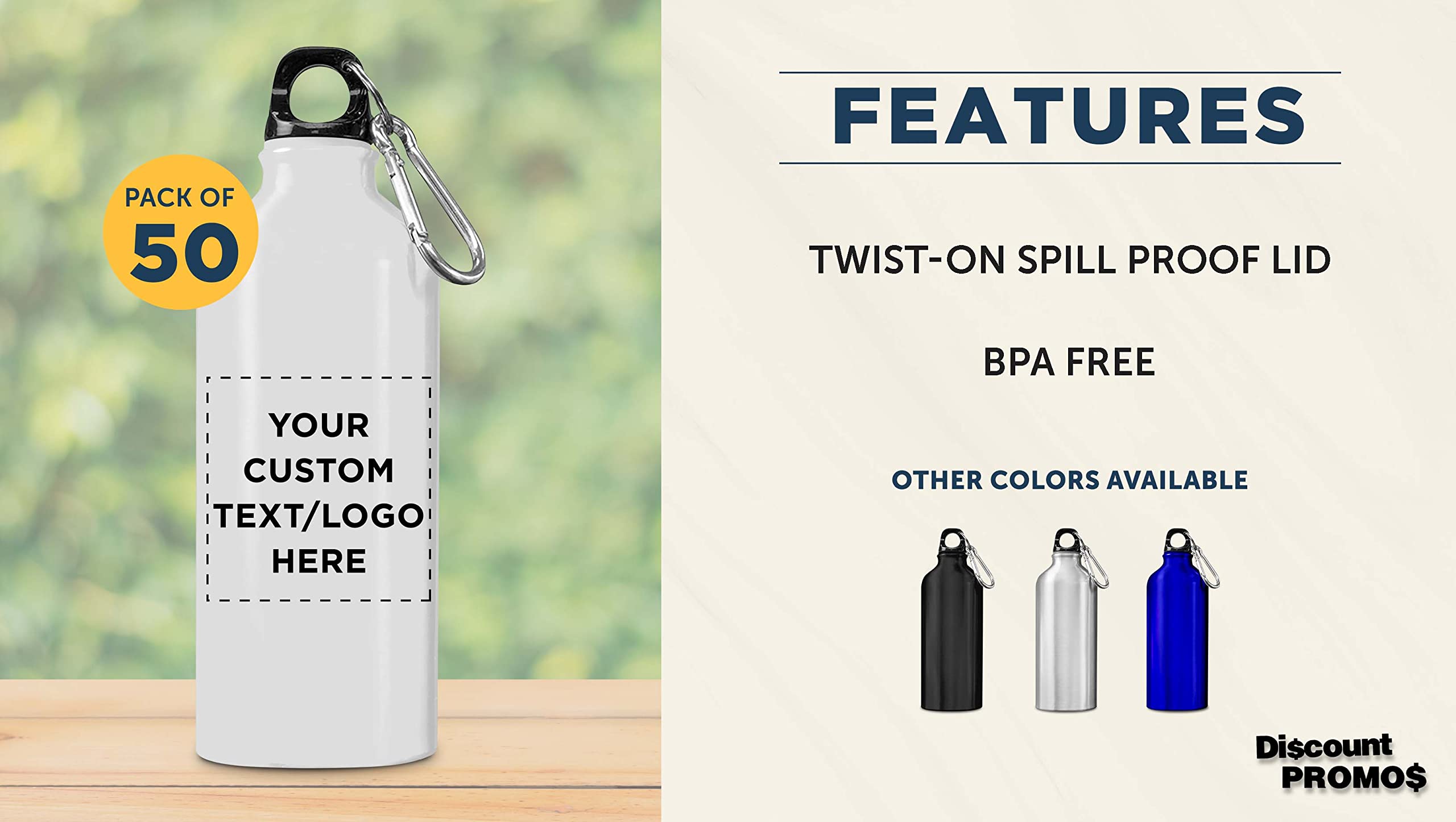 Custom 20oz Aluminum Water Bottles Bulk Pack (Set of 50) - Personalized Gym & Hiking Bottles - Eco-Friendly Reusable Drinkware for Sports, Office, Camping & Outdoor Activities - White