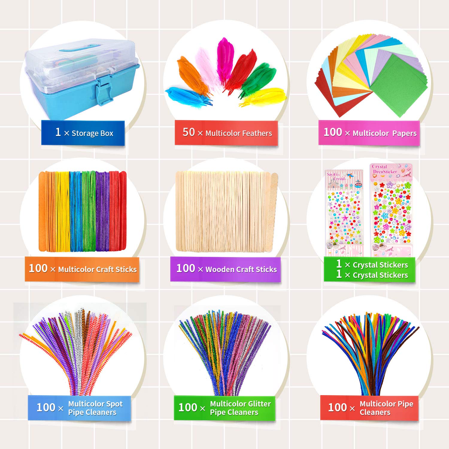 1405 Pcs Kids Arts and Crafts Supplies Kit - Pipe Cleaners, Pom Poms, Feathers, Storage Box for DIY Creative Projects | Perfect for Classroom, Birthday Party & Homeschool Activities (Blue)