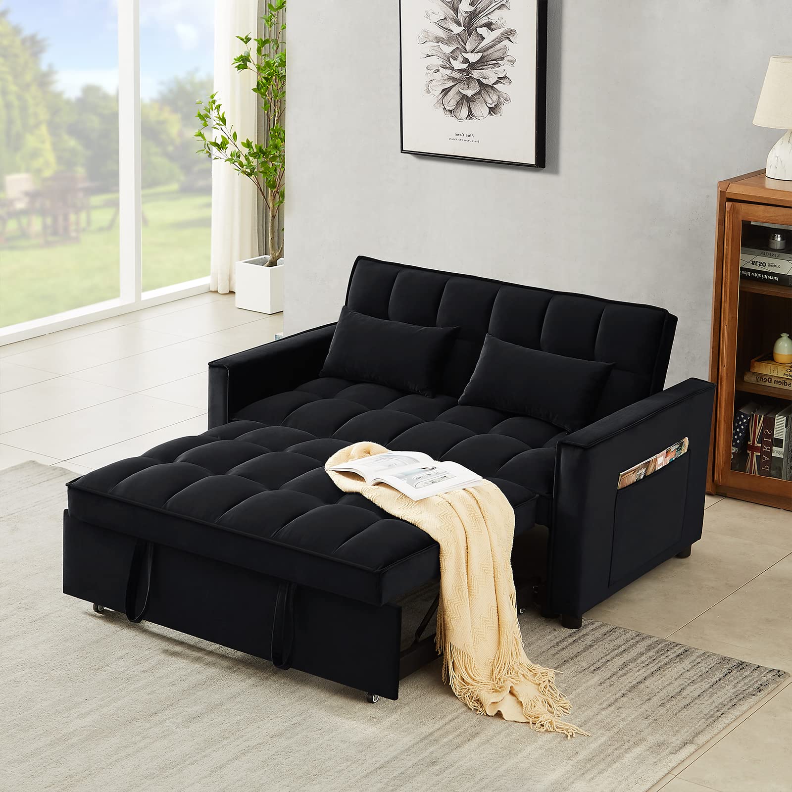 3 in 1 Convertible Sleeper Sofa Bed - Modern Velvet Loveseat Futon with Pullout Bed & Reclining Backrest | Small Space Living Room Furniture with Storage Pockets & Toss Pillows | Perfect for Apartments, Guest Rooms and Home Offices (Black)