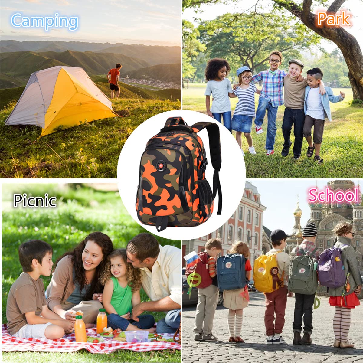 Camouflage Backpack for School, Travel & Outdoor - Christmas Gift for Boys & Girls (DY Camo Orange) - Perfect for Hiking & Daily Use