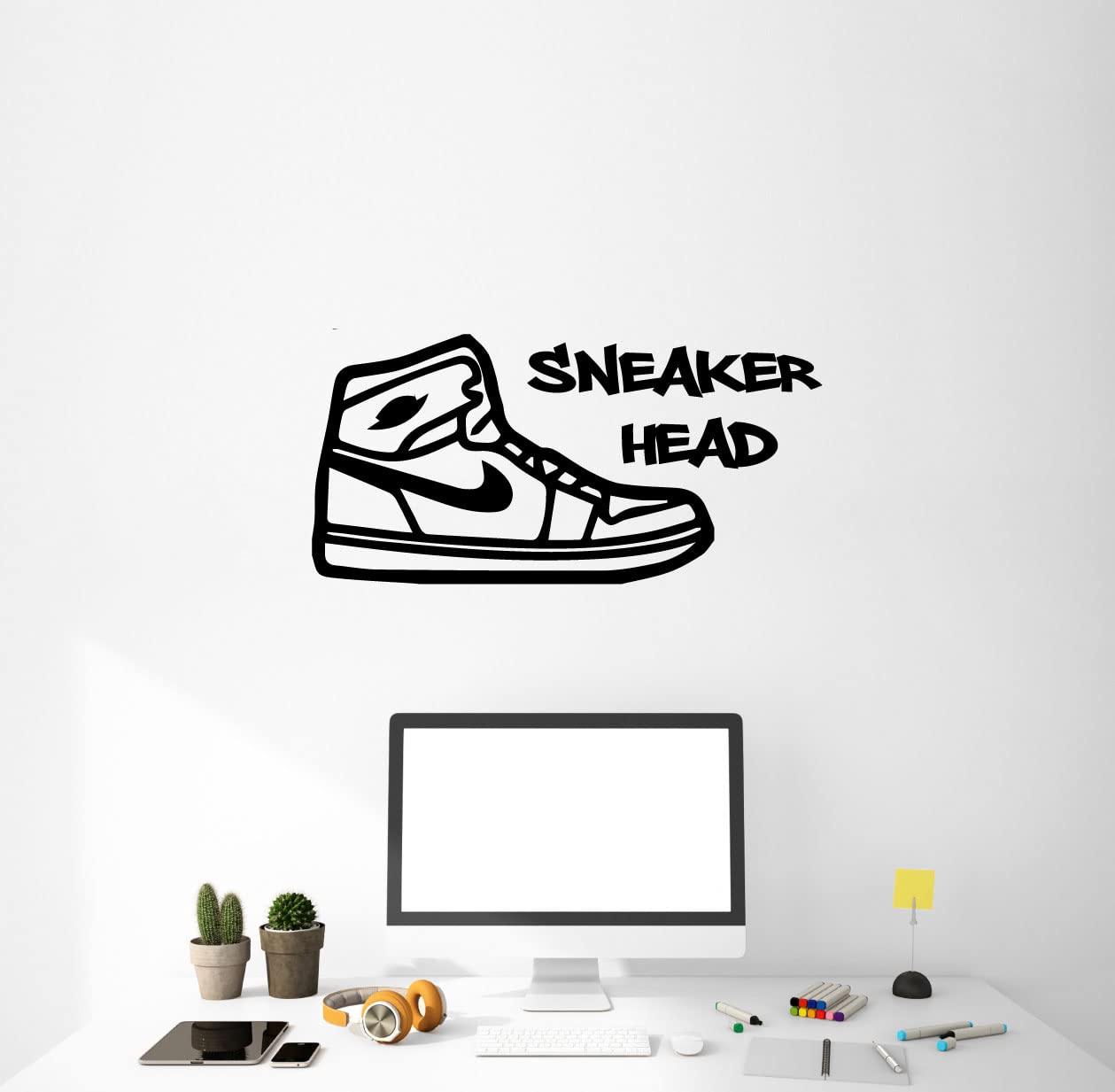 Customizable Sneaker Head Vinyl Wall Decal - Removable Shoe Silhouette Sticker for Sneaker Collectors | Perfect for Bedroom, Game Room, Closet & Shoe Store Decor | Ideal for Home, Office & Sneakerhead Gifts