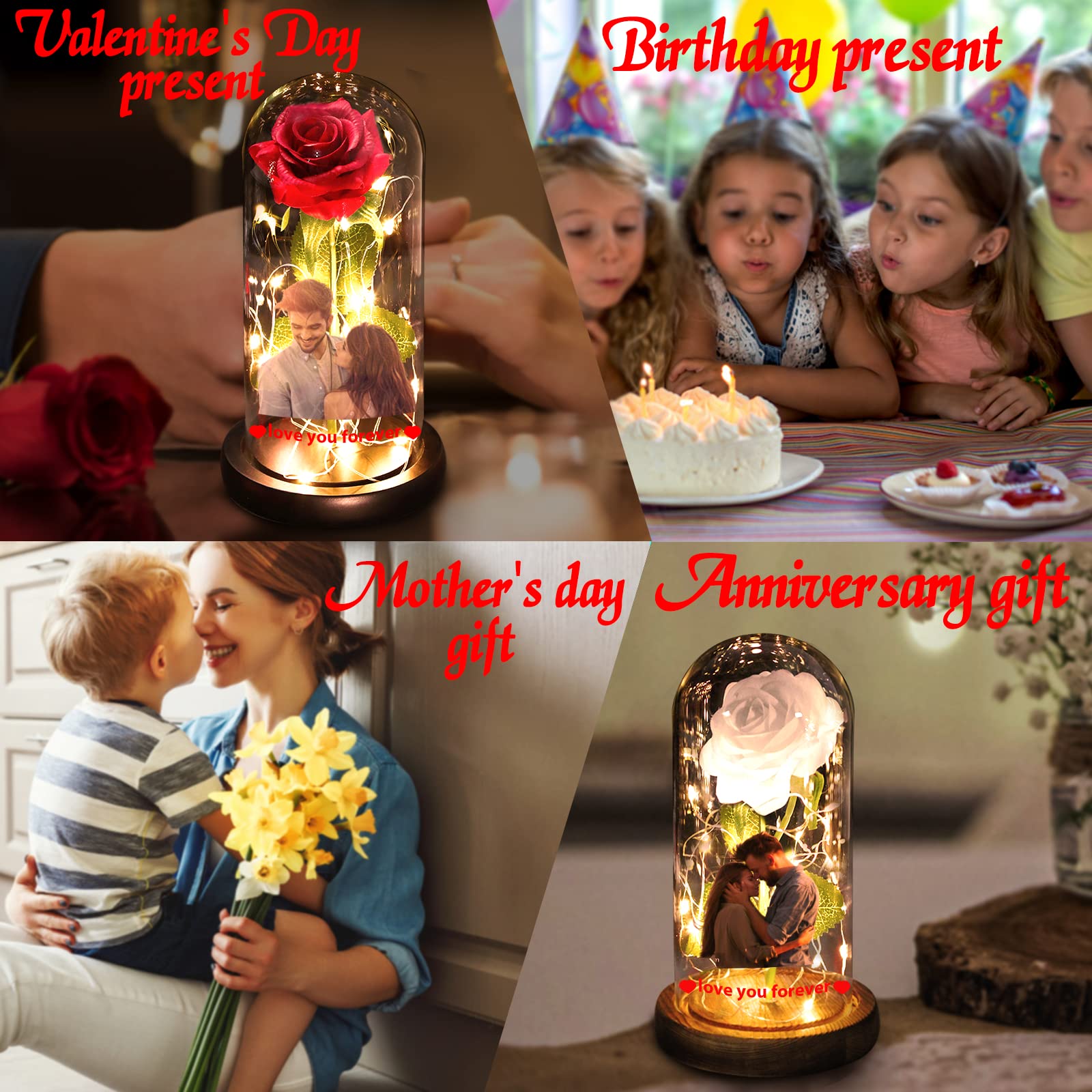 Custom Photo Rose Light - Personalized LED Rose in Glass Dome with Picture Text, Eternal Flower Lamp for Mother's Day, Valentine's, Anniversary & Birthday Gifts | Romantic Home Decor, Bedroom Night Light, Wedding Centerpiece