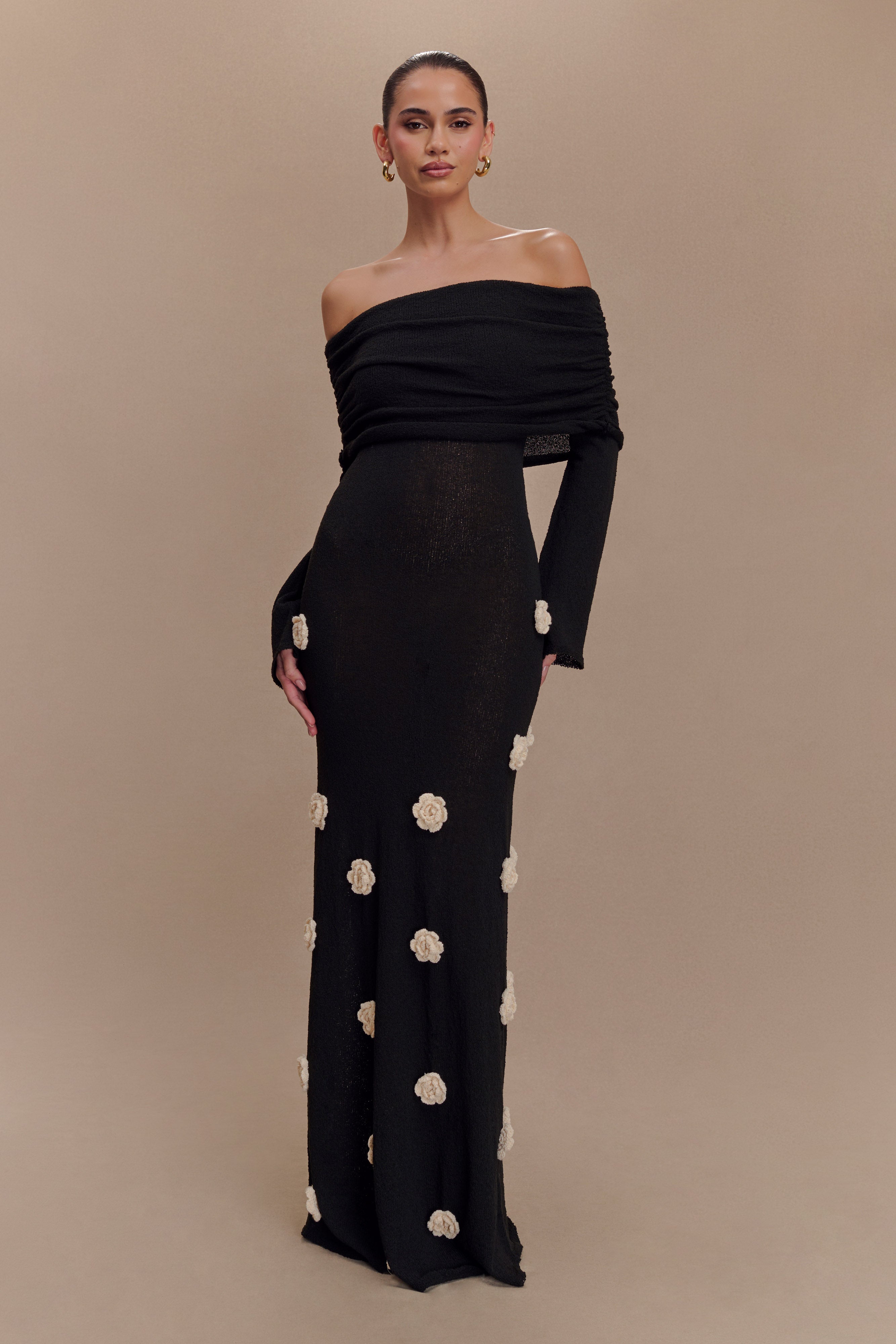Kiki Off Shoulder Knit Rose Maxi Dress for Women - Elegant Black & White Long Floral Dress for Summer, Beach, Party & Special Occasions