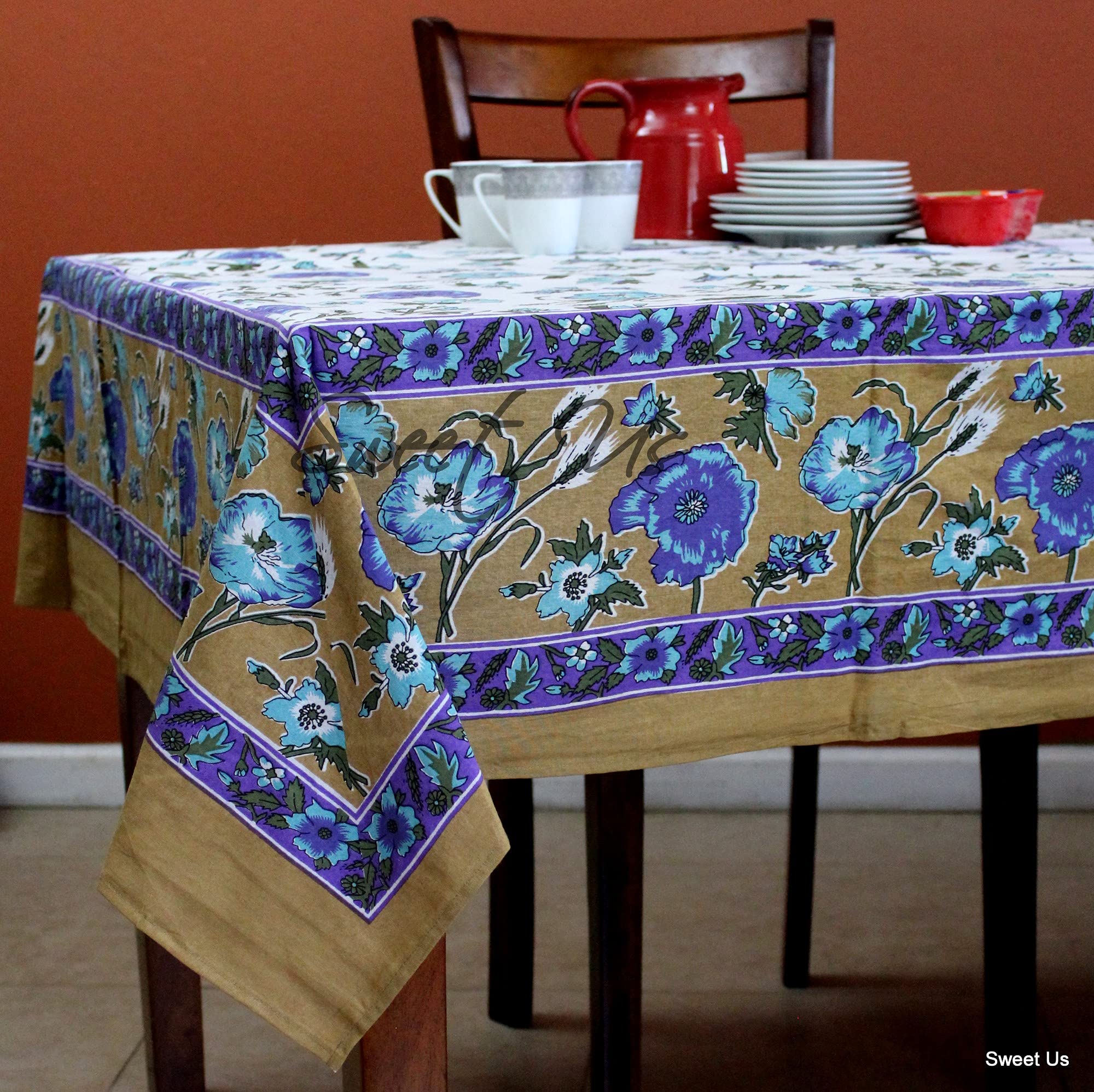 Premium Cotton Floral Tablecloth - White Gold Blue Purple Vine Pattern - 70 x 106 Inch Rectangle Table Cover for Dining, Parties, Weddings - Indoor & Outdoor Use - Washable & Wrinkle-Resistant
