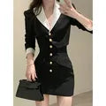 Black Y2K Mini Skirt Set for Women | Korean 2-Piece Dress Outfit with Crop Top Jacket & Short Skirt | Elegant Casual Suit for Autumn | Perfect for Dating, Parties and Streetwear Fashion