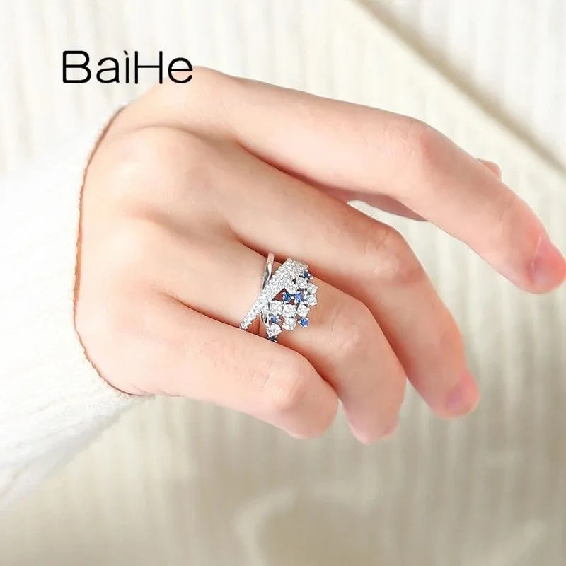 14K White Gold Natural Sapphire & Diamond Crown Ring for Women - Elegant Wedding & Engagement Gift - Fine Jewelry for Bridal, Anniversary & Special Occasions