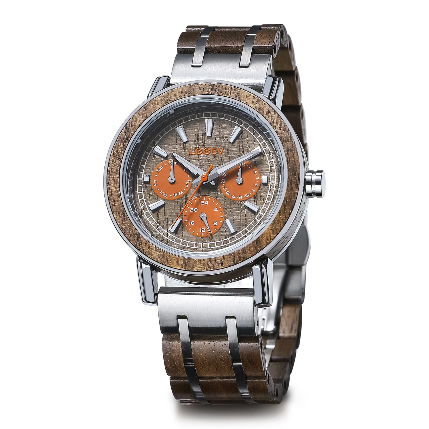 LeeEv Men's Wooden Watches - Luxury Stylish Wood & Stainless Steel Chronograph Military Quartz Wristwatch with Week Date Display | Perfect for Outdoor Adventures, Business Meetings & Casual Wear