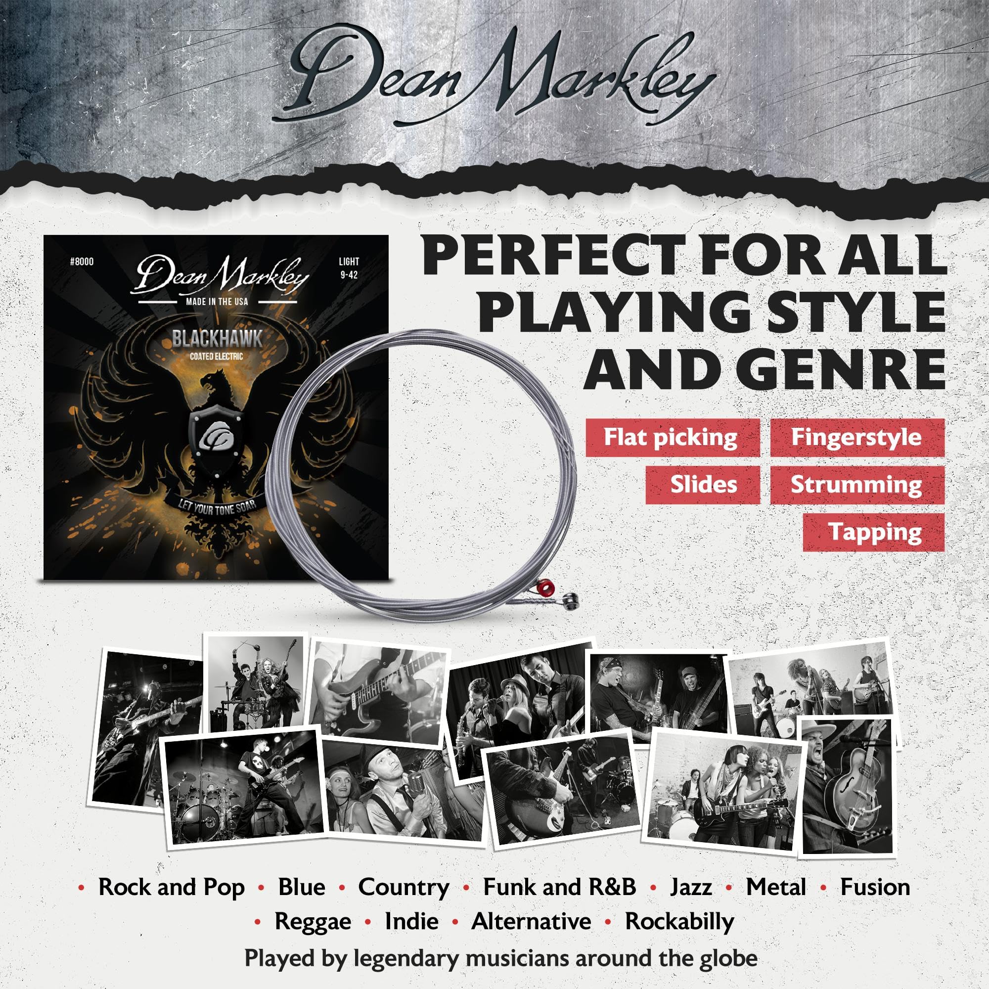 Blackhawk Coated Electric Guitar Strings 6-String Set (9-42 Gauge) - Light Alloy Steel Strings for Bright, Long-Lasting Tone | Made in USA | Perfect for Rock, Blues & Studio Recording