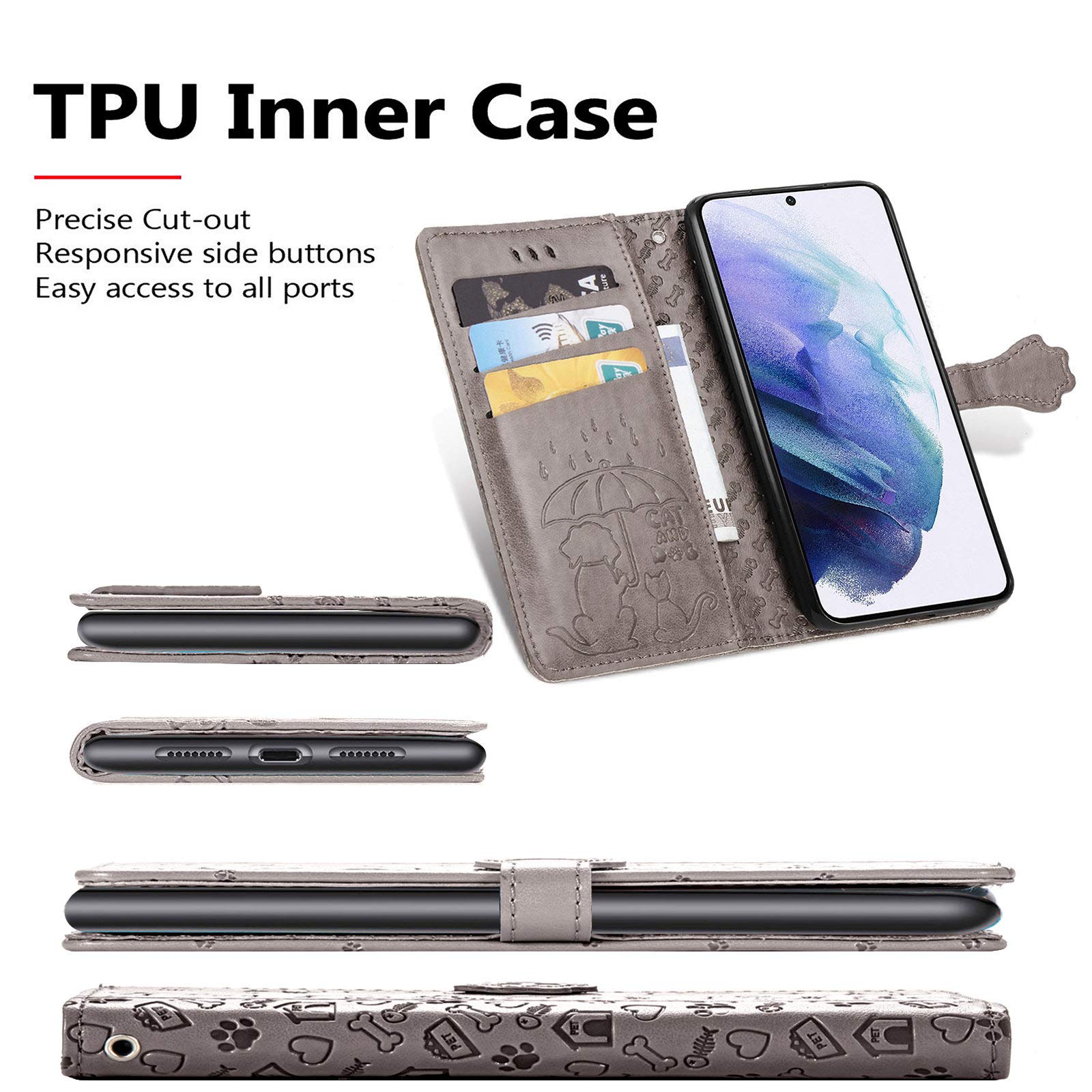 Cute Cartoon Wallet Case for Samsung Galaxy S22 Plus (Not S22) - Cat & Dog Style Flip Cover with ID Card Holder, PU Leather Phone Case (MG Grey) - Perfect for Daily Use, Travel & Commuting