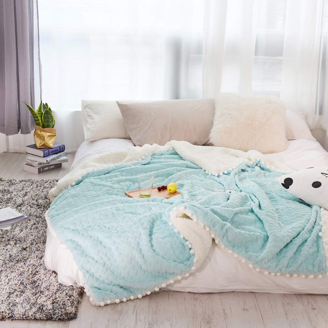 XMZFQ Flannel Blanket with Pompom Fringe - Lightweight & Cozy All-Season Bed & Sofa Throw - Soft 150x200cm Blue Blanket for Home, Office & Travel