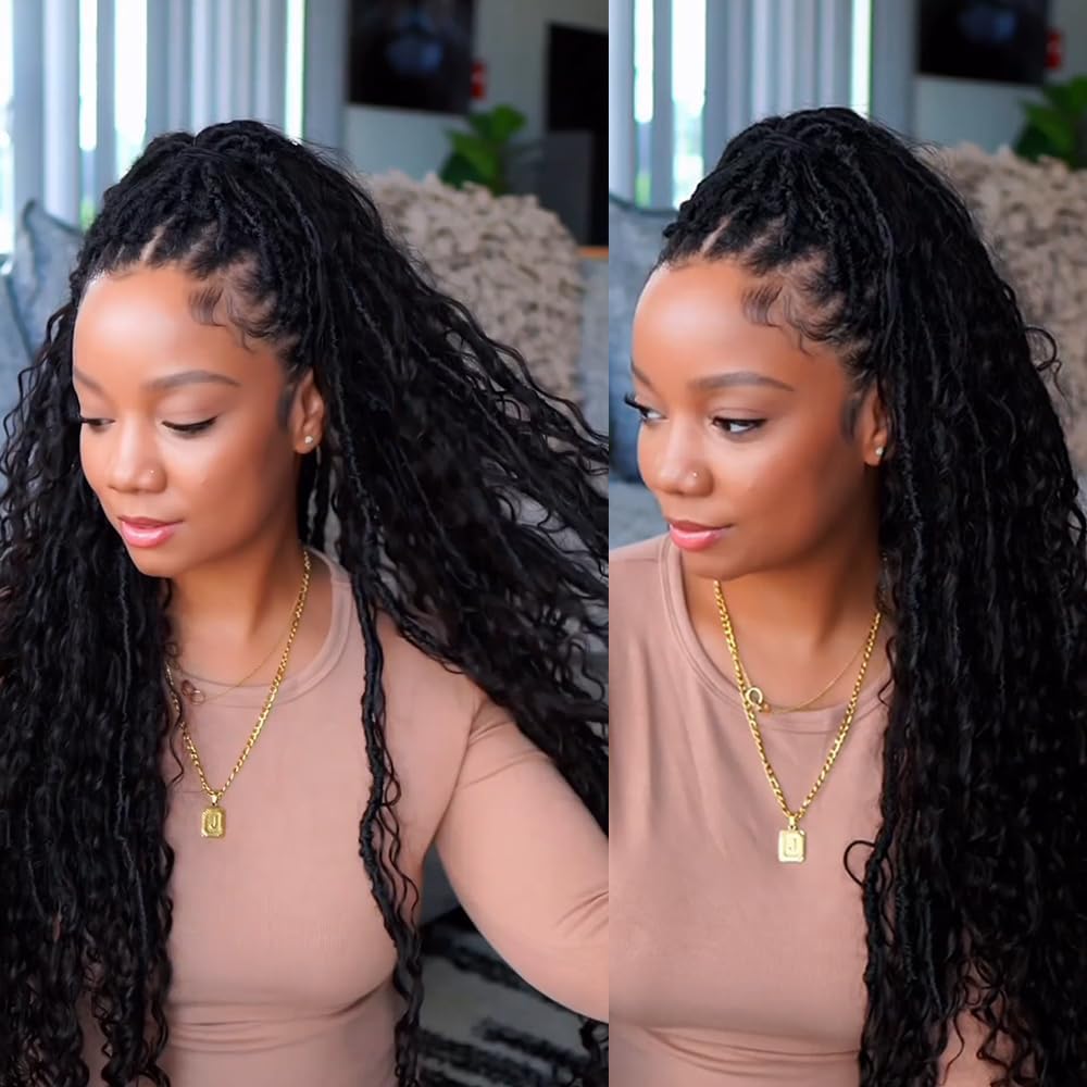 75 Strands Pre-Crochet Dreadlocks Braids with Human Hair & Curly Ends - 22 Inch Black Women Hair Extensions for Protective Styles & Natural Looks