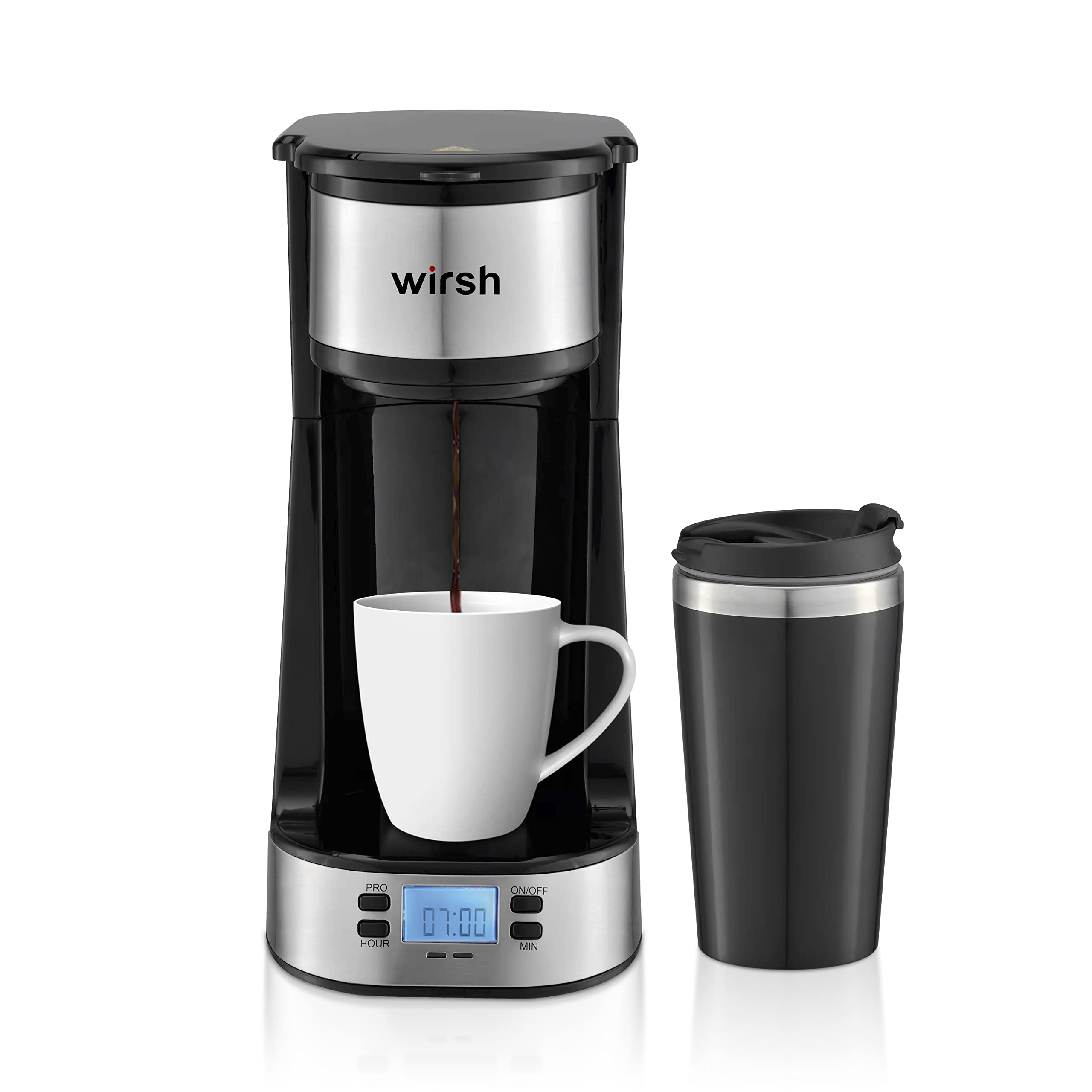 Wirsh Single Serve Coffee Maker - Programmable Timer, LCD Display, 14 oz Travel Mug & Reusable Filter - Compact Non-Pod Coffee Machine for Home, Office, Dorm & Travel - Black