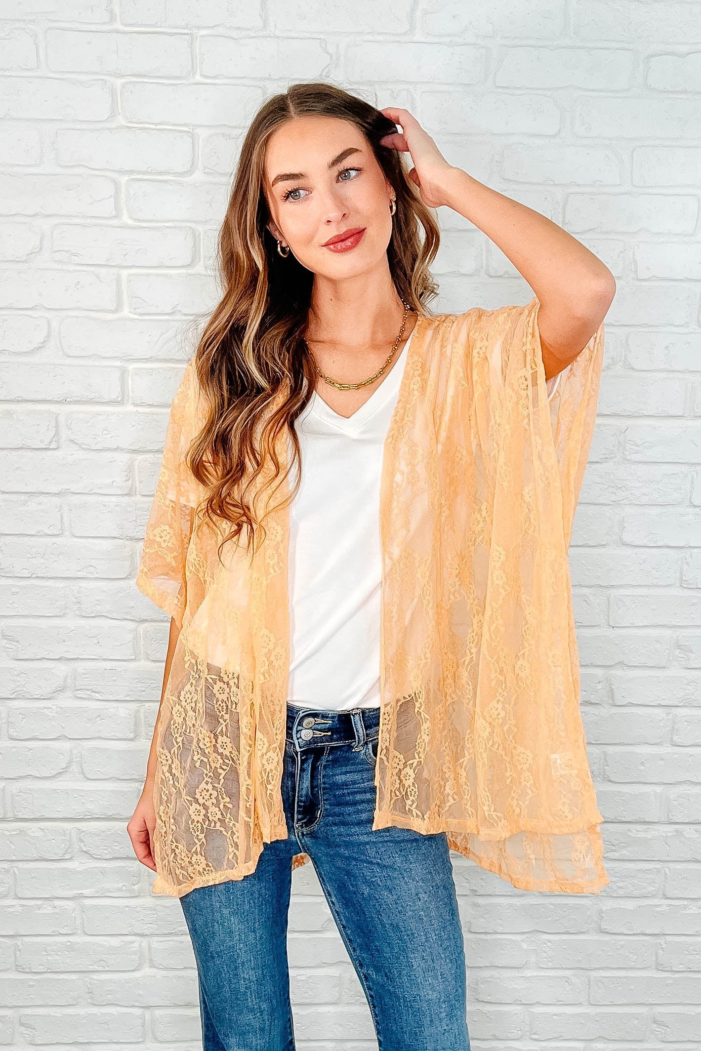 Good Days Ahead Lace Kimono in Peach - Elegant Floral Lace Cover Up for Women | Perfect for Beach, Pool, Bridal Shower & Summer Outfits