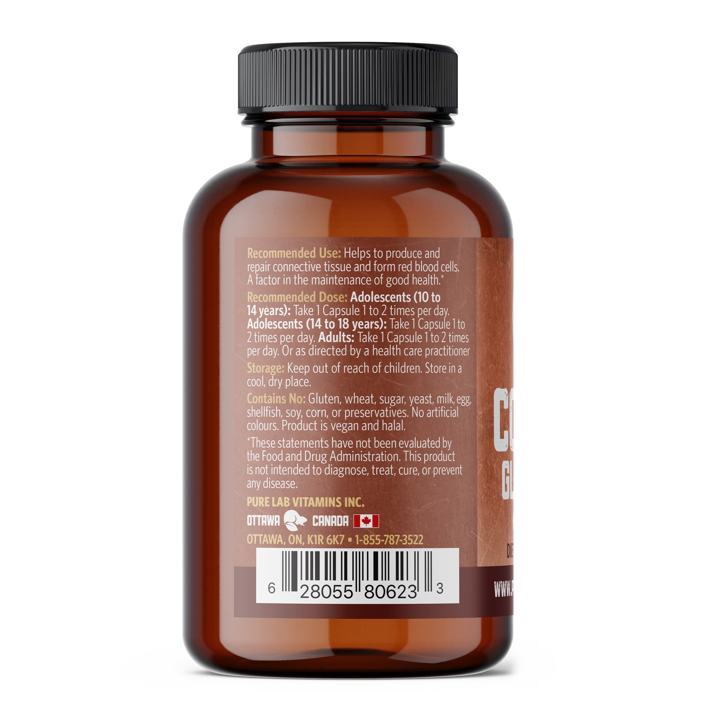 Pure Lab Vitamins Copper Glycinate 1mg - 60 Vegan Capsules | Essential Mineral for Collagen Production, Immune Support & Red Blood Cell Formation | Gluten-Free, Non-GMO, Made in Canada | Daily Supplement for Energy & Skin Health