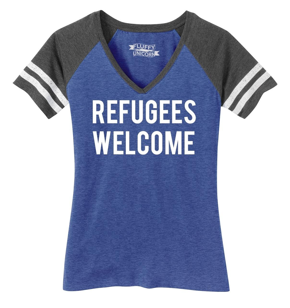 Funny Women's Refugees Welcome Anti-Trump Protest V-Neck T-Shirt - Perfect for Political Rallies & Social Justice Events